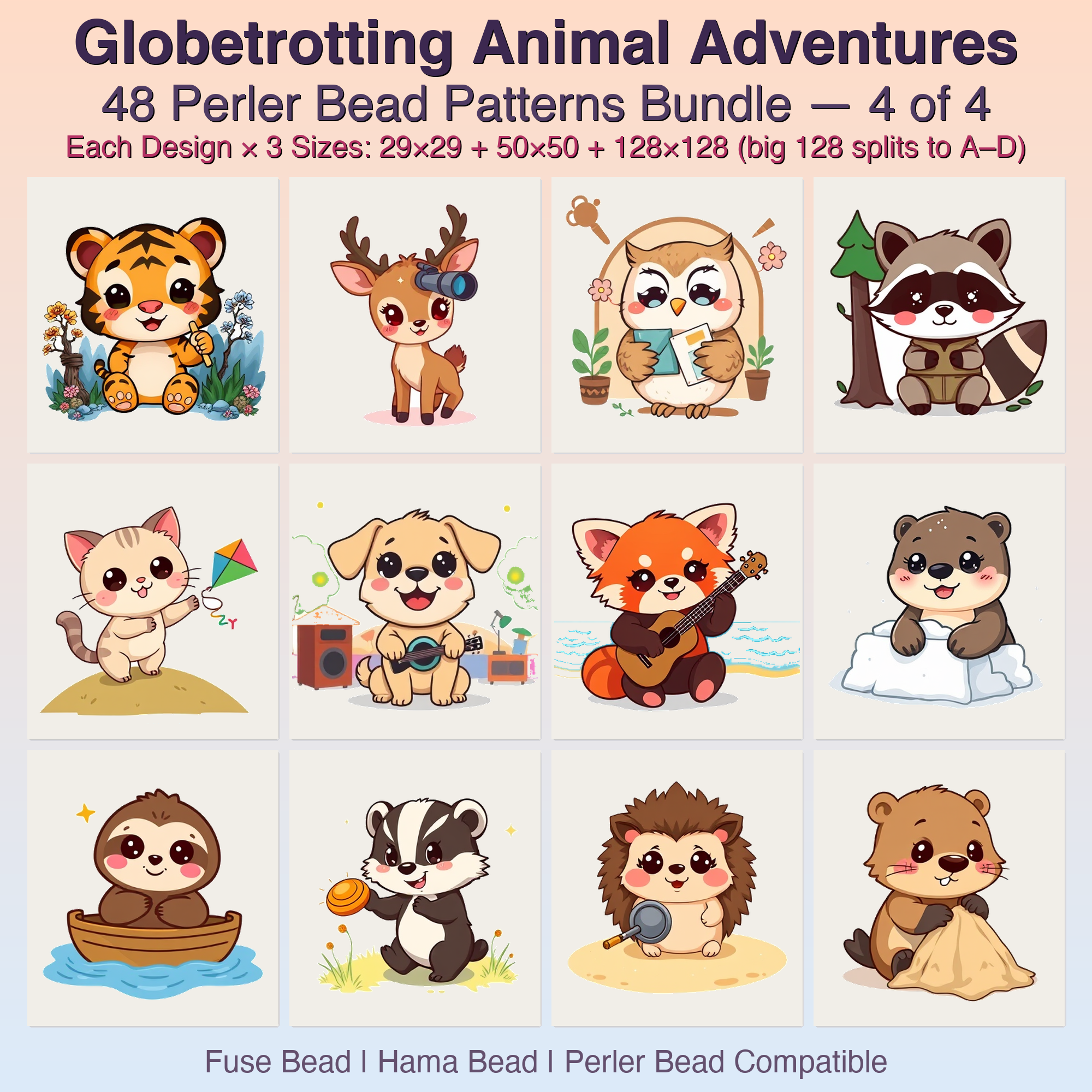 Globetrotting Animal Adventures Perler Bead Patterns, 48 Designs x 3 Grid Sizes (29x29 + 50x50 + 128x128), Fuse Bead PDF Digital Download