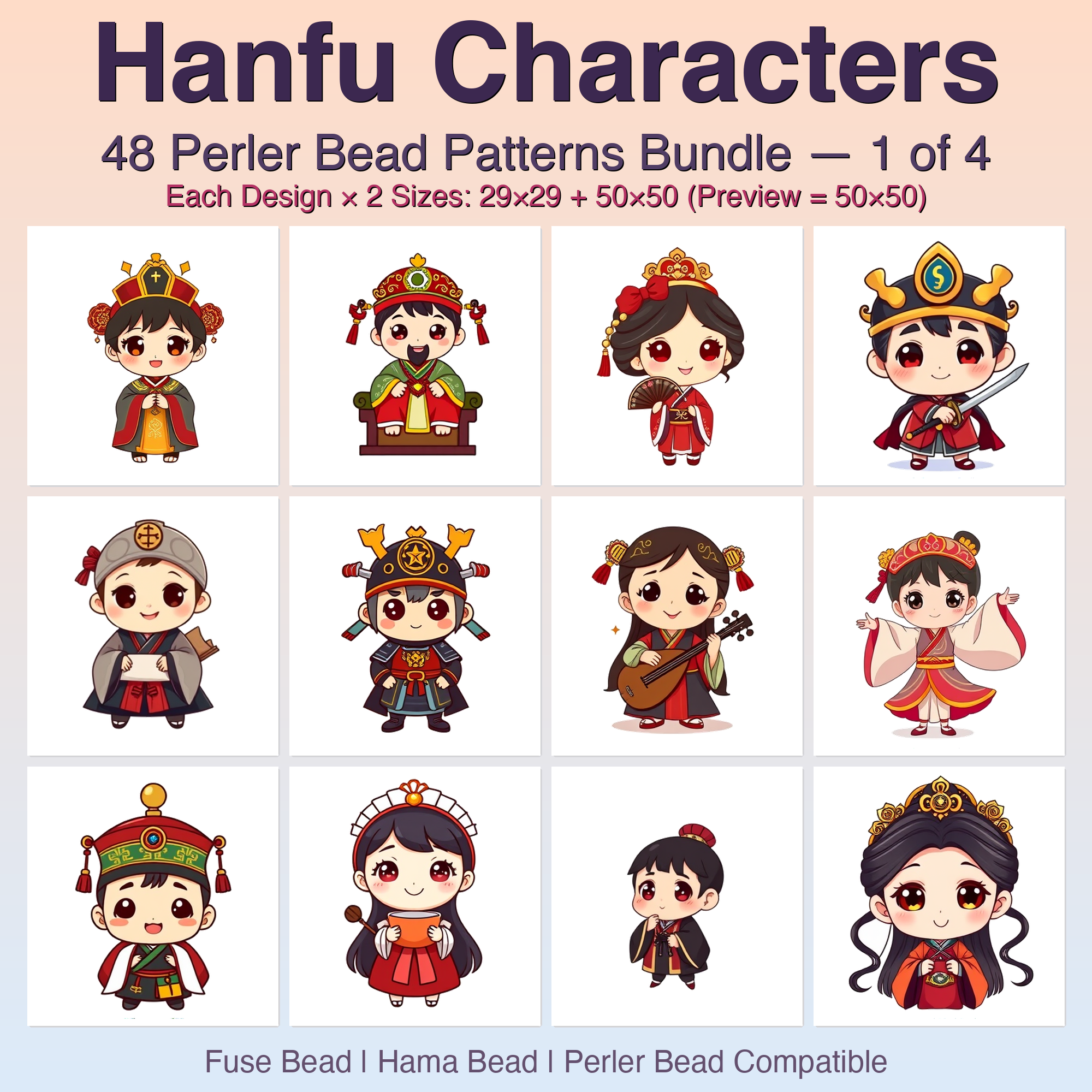 Hanfu Characters Perler Bead Patterns Bundle, 48 Designs (PDF Digital Download)