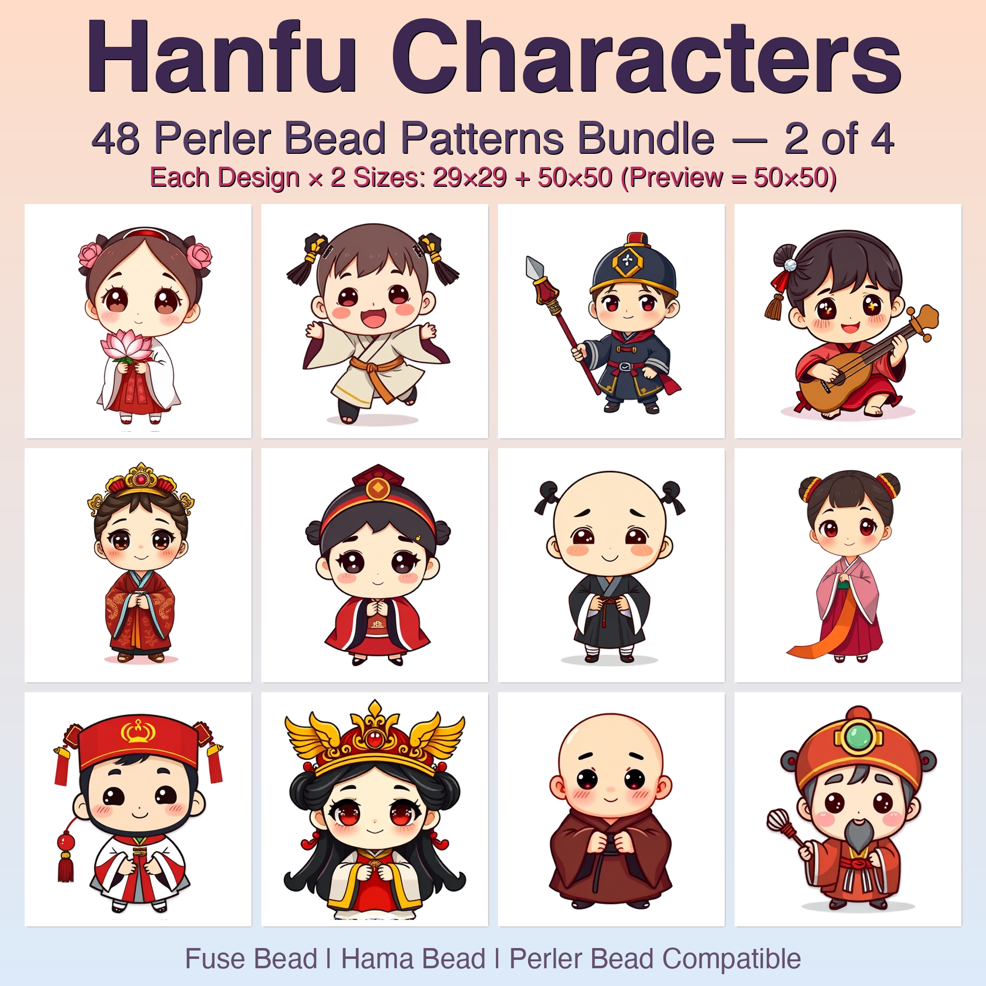 Hanfu Characters Perler Bead Patterns Bundle, 48 Designs (PDF Digital Download)
