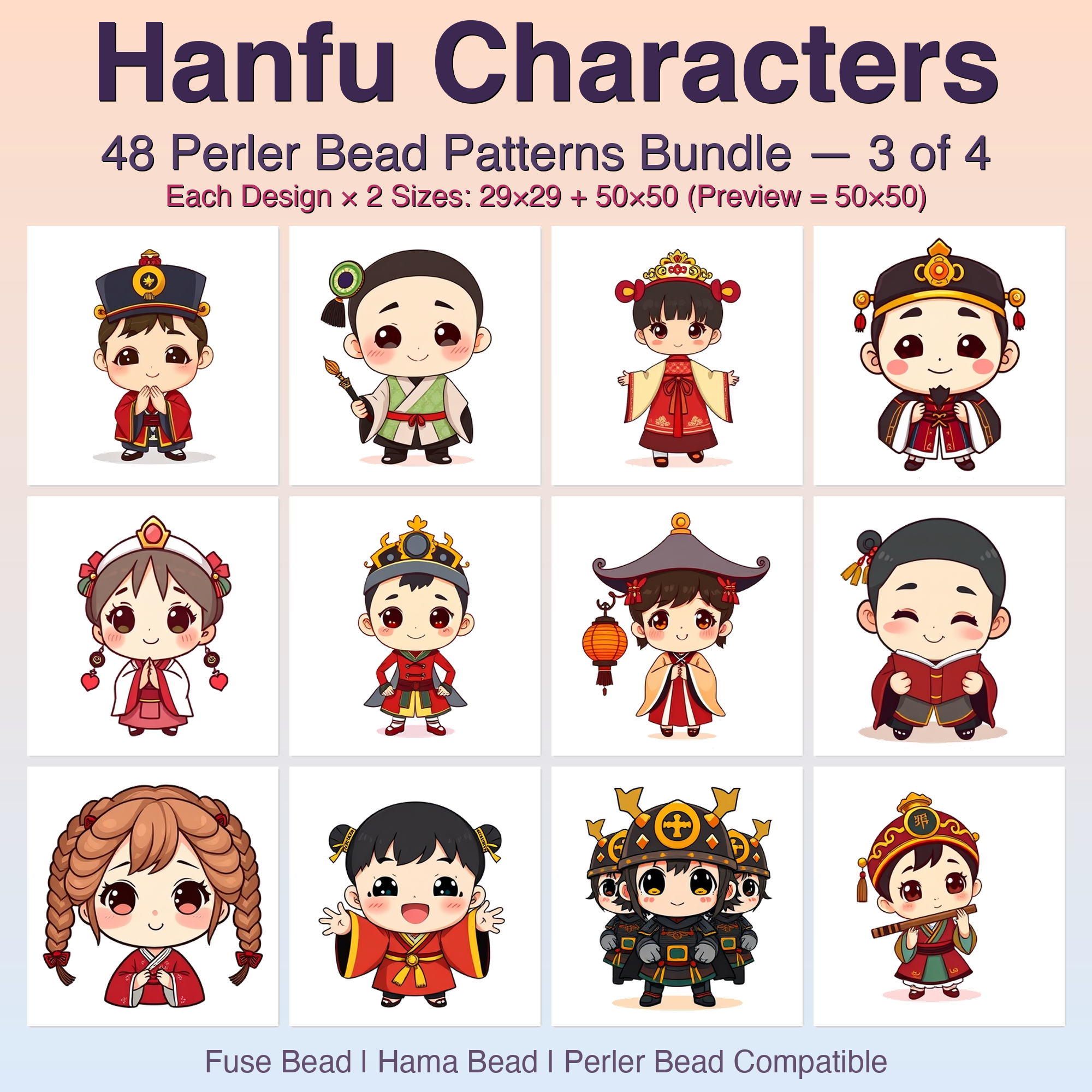 Hanfu Characters Perler Bead Patterns Bundle, 48 Designs (PDF Digital Download)