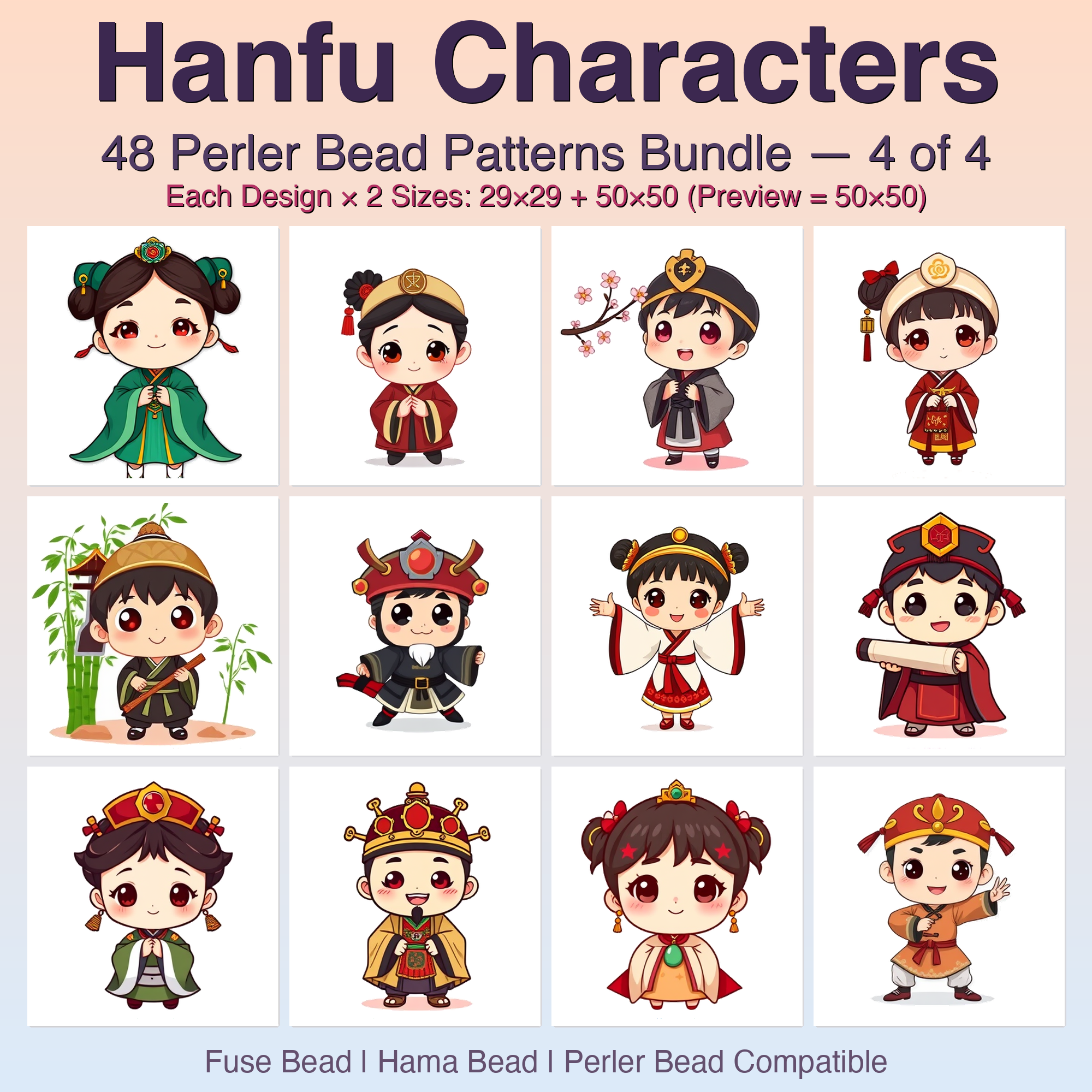 Hanfu Characters Perler Bead Patterns Bundle, 48 Designs (PDF Digital Download)