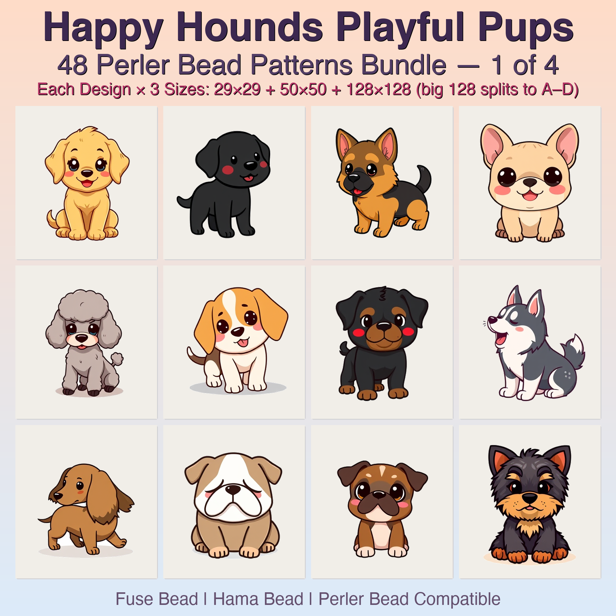 Happy Hounds Playful Pups Perler Bead Patterns, 48 Designs x 3 Grid Sizes (29x29 + 50x50 + 128x128), Fuse Bead PDF Digital Download
