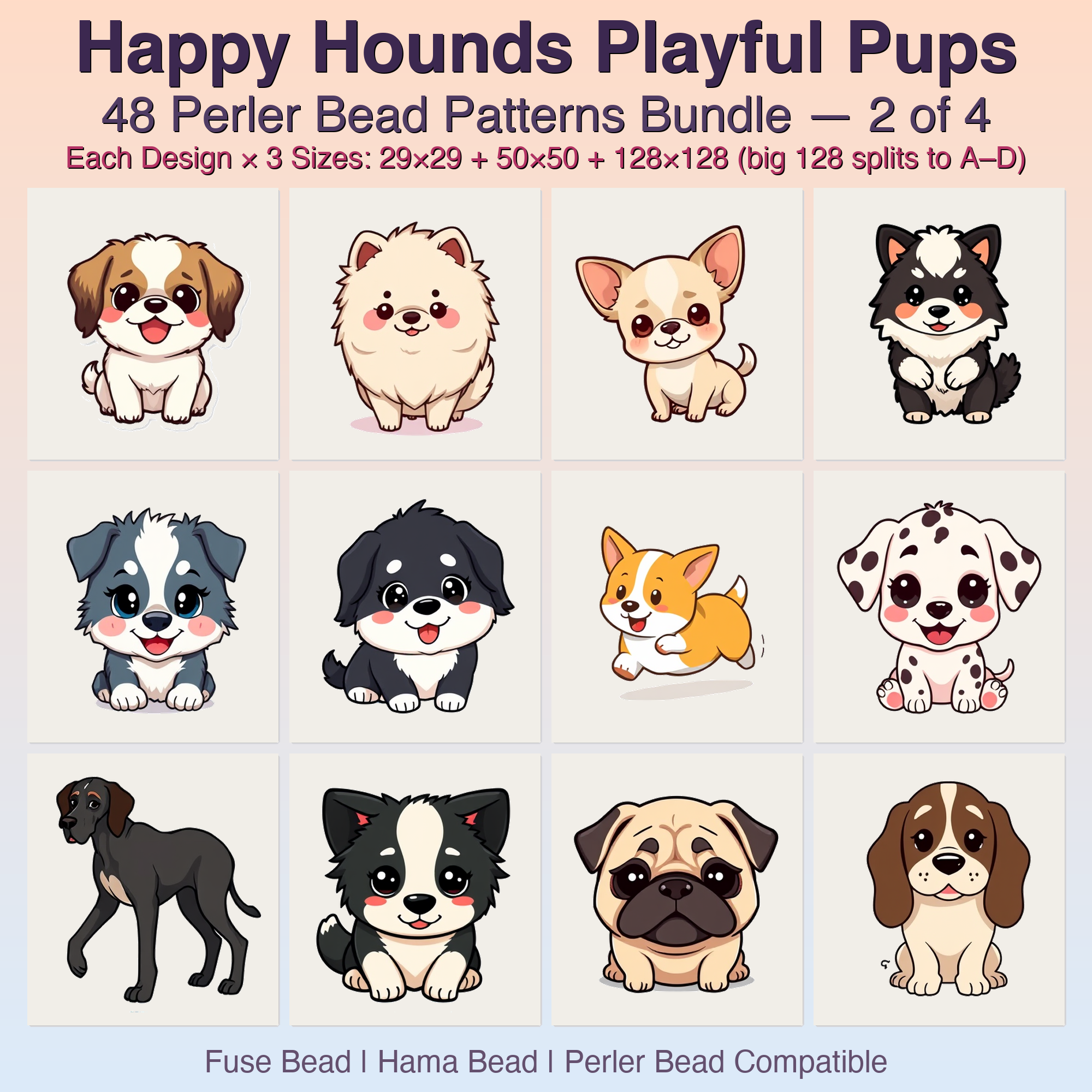 Happy Hounds Playful Pups Perler Bead Patterns, 48 Designs x 3 Grid Sizes (29x29 + 50x50 + 128x128), Fuse Bead PDF Digital Download