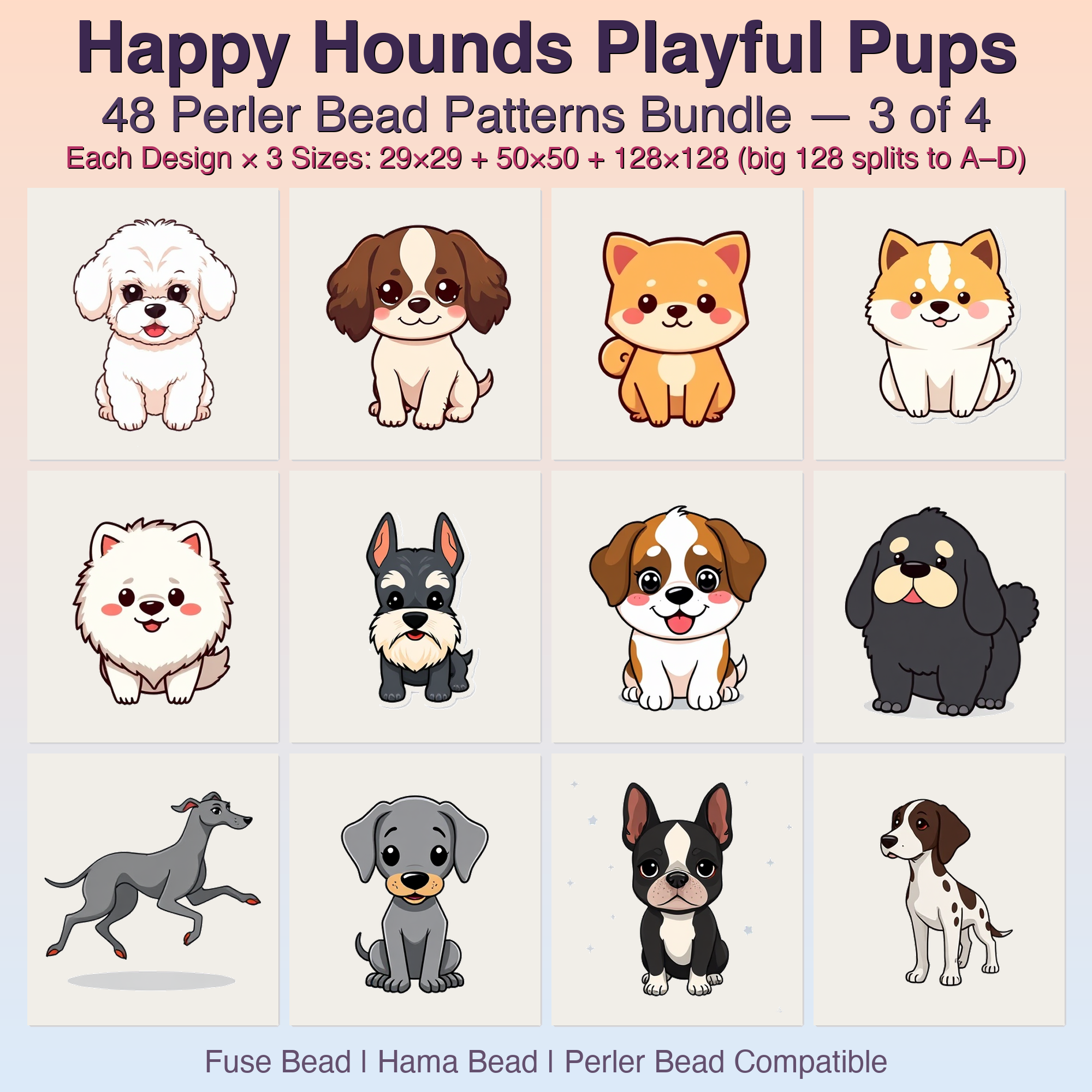 Happy Hounds Playful Pups Perler Bead Patterns, 48 Designs x 3 Grid Sizes (29x29 + 50x50 + 128x128), Fuse Bead PDF Digital Download