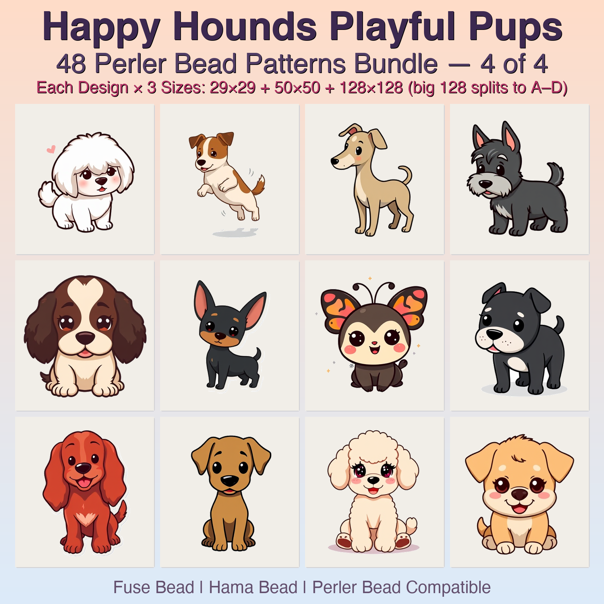 Happy Hounds Playful Pups Perler Bead Patterns, 48 Designs x 3 Grid Sizes (29x29 + 50x50 + 128x128), Fuse Bead PDF Digital Download