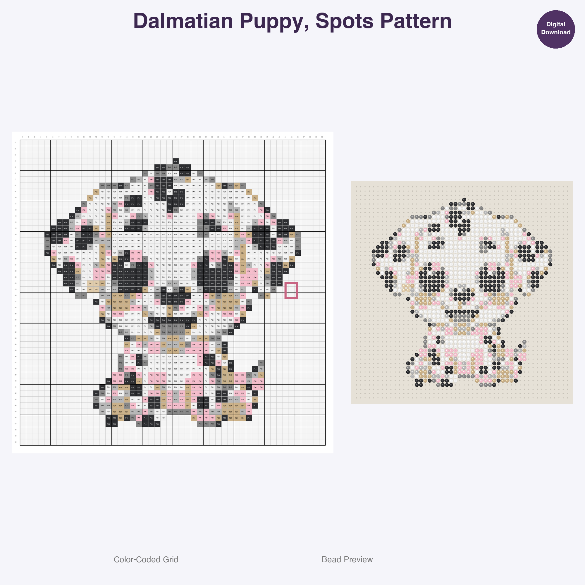 Happy Hounds Playful Pups Perler Bead Patterns, 48 Designs x 3 Grid Sizes (29x29 + 50x50 + 128x128), Fuse Bead PDF Digital Download