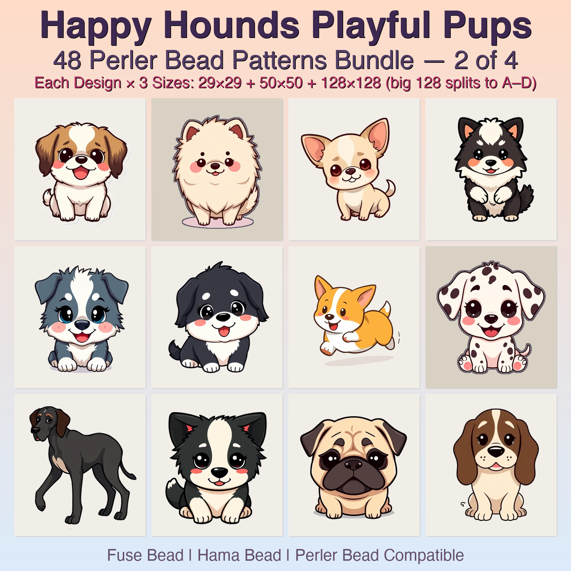 Happy Hounds Playful Pups Perler Bead Patterns, 48 Designs x 3 Grid Sizes (29x29 + 50x50 + 128x128), Fuse Bead PDF Digital Download