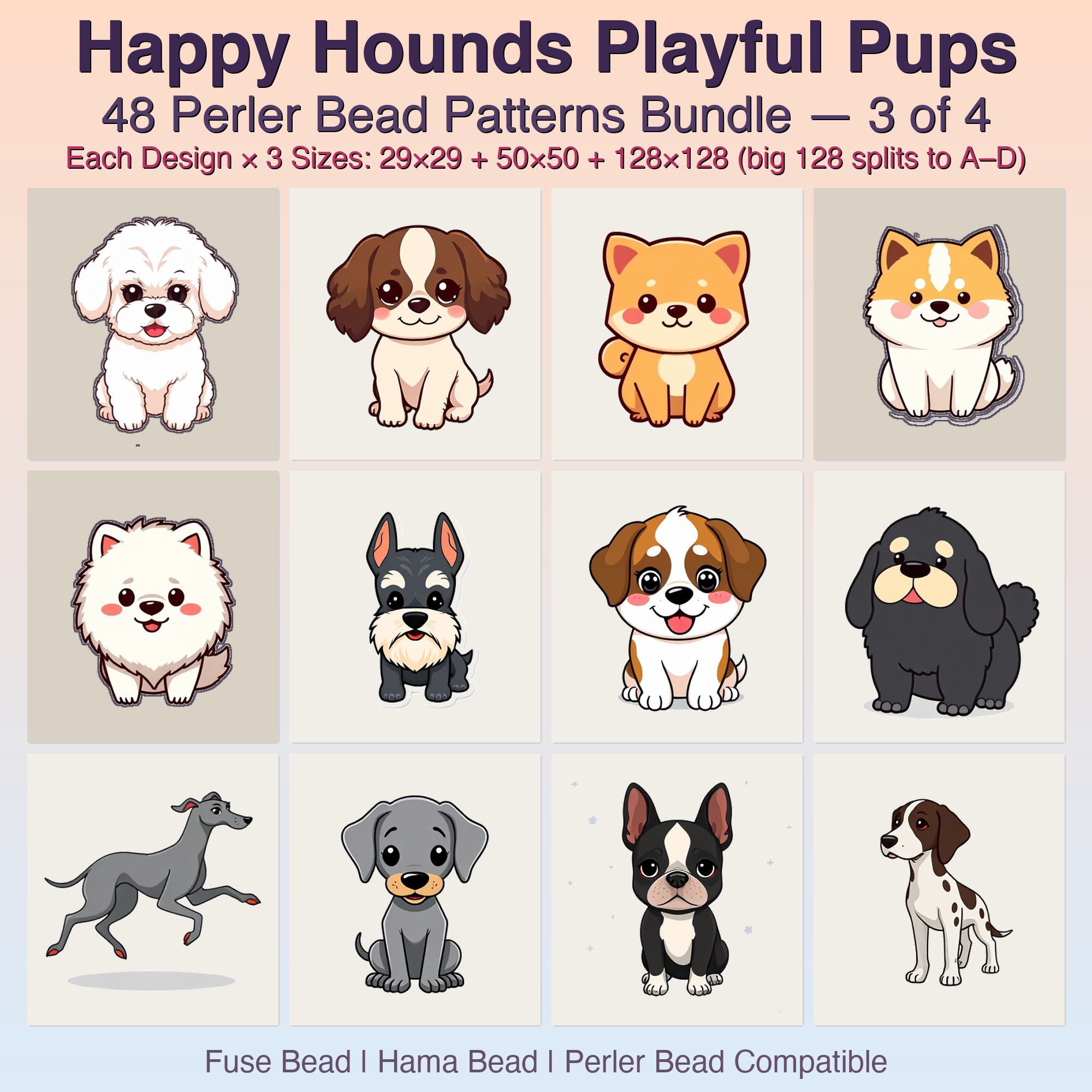 Happy Hounds Playful Pups Perler Bead Patterns, 48 Designs x 3 Grid Sizes (29x29 + 50x50 + 128x128), Fuse Bead PDF Digital Download
