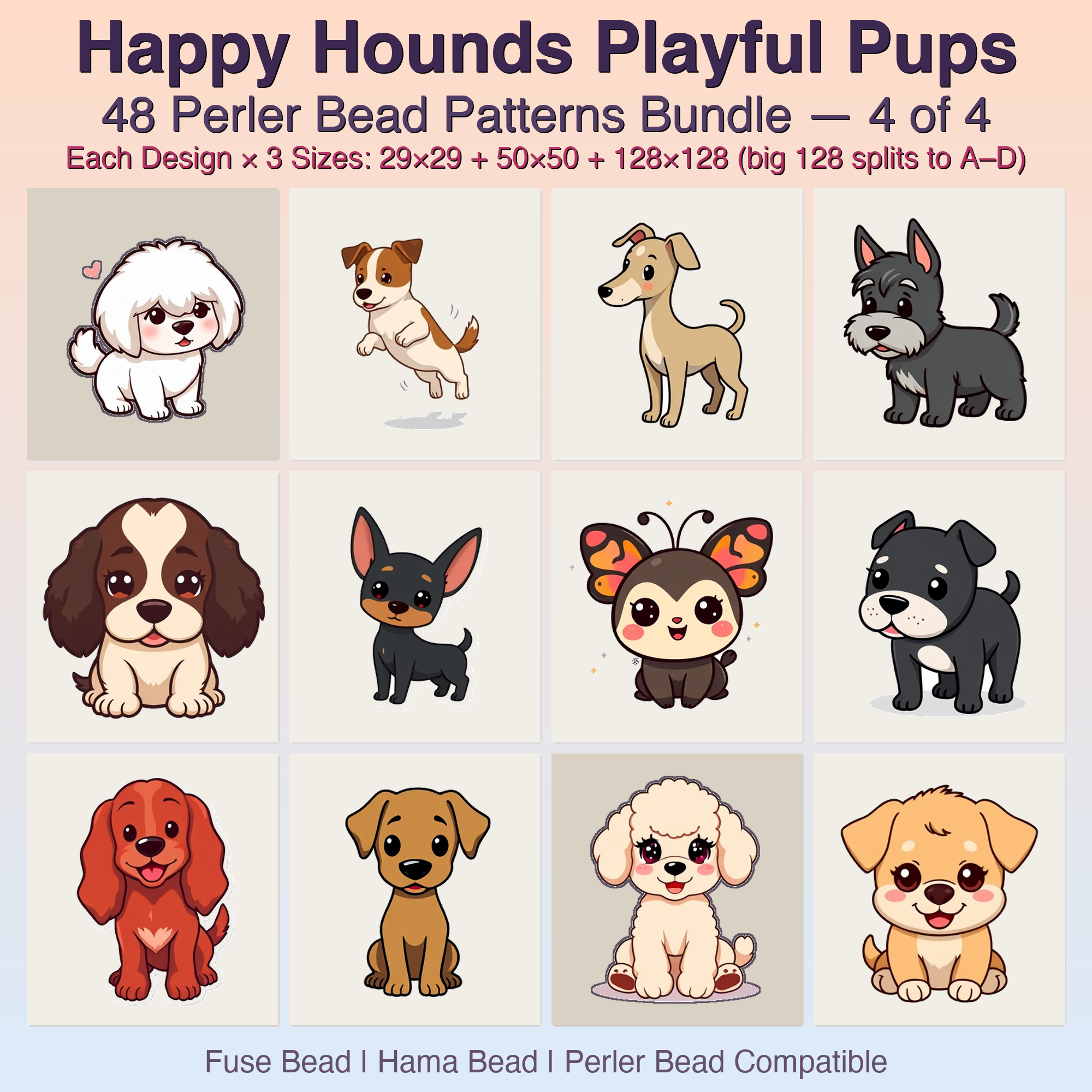 Happy Hounds Playful Pups Perler Bead Patterns, 48 Designs x 3 Grid Sizes (29x29 + 50x50 + 128x128), Fuse Bead PDF Digital Download