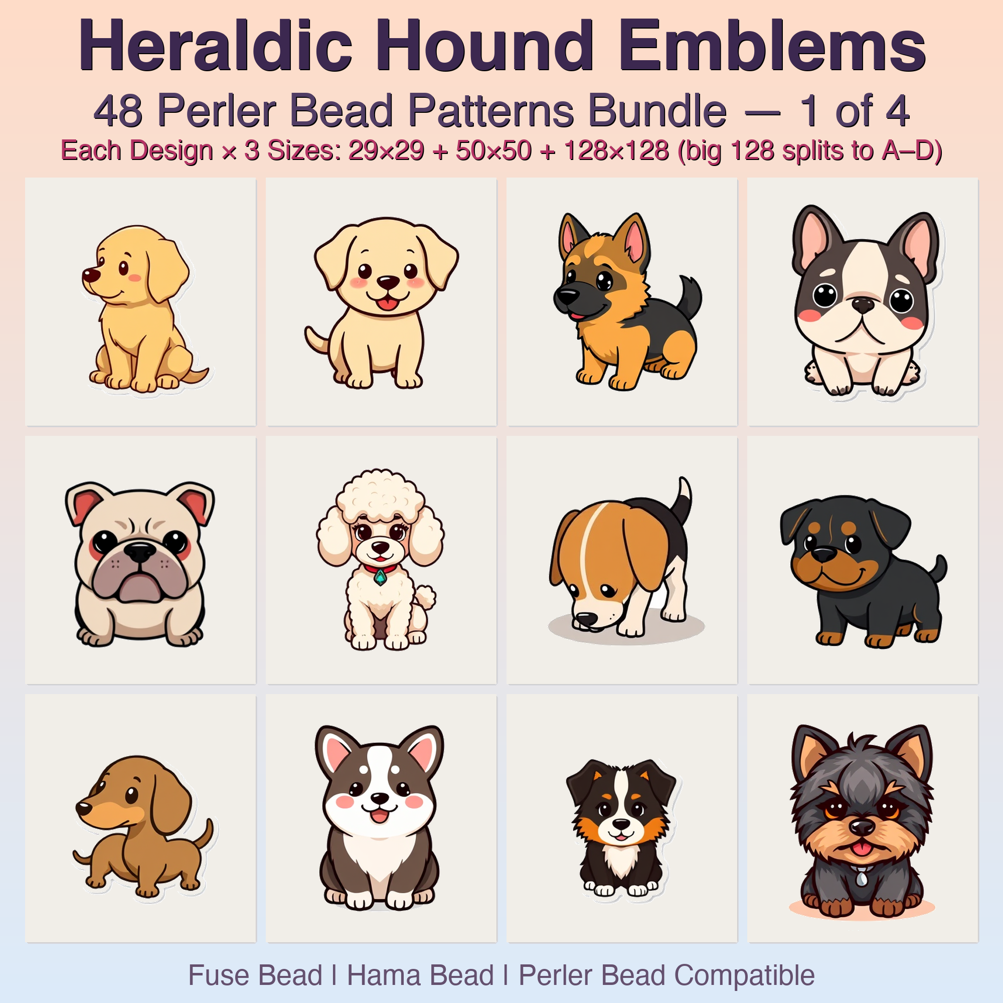 Heraldic Hound Emblems Perler Bead Patterns, 48 Designs x 3 Grid Sizes (29x29 + 50x50 + 128x128), Fuse Bead PDF Digital Download