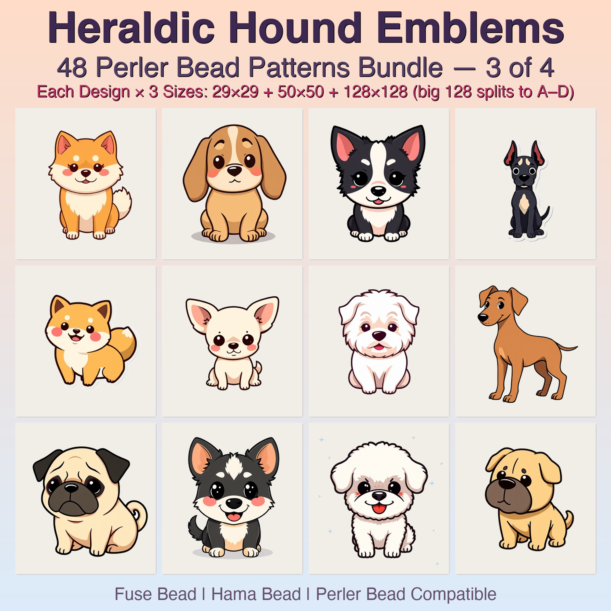 Heraldic Hound Emblems Perler Bead Patterns, 48 Designs x 3 Grid Sizes (29x29 + 50x50 + 128x128), Fuse Bead PDF Digital Download