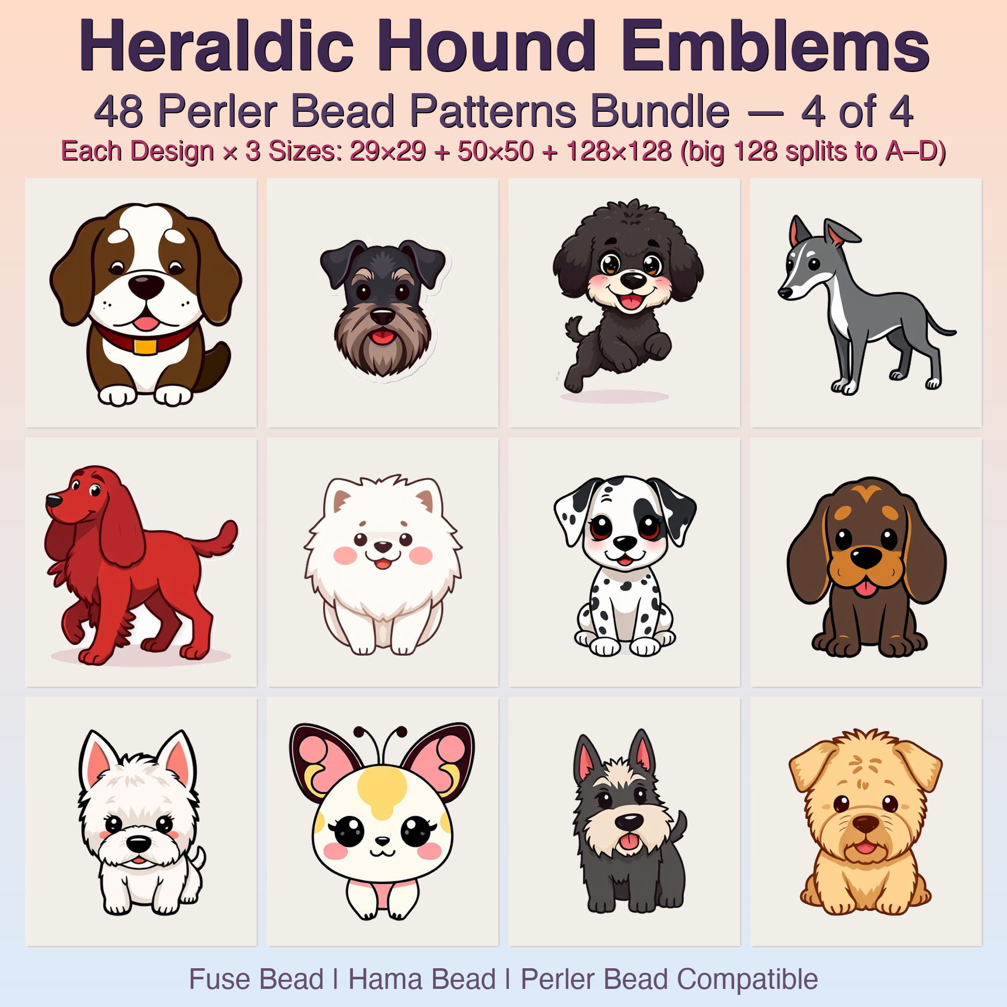 Heraldic Hound Emblems Perler Bead Patterns, 48 Designs x 3 Grid Sizes (29x29 + 50x50 + 128x128), Fuse Bead PDF Digital Download