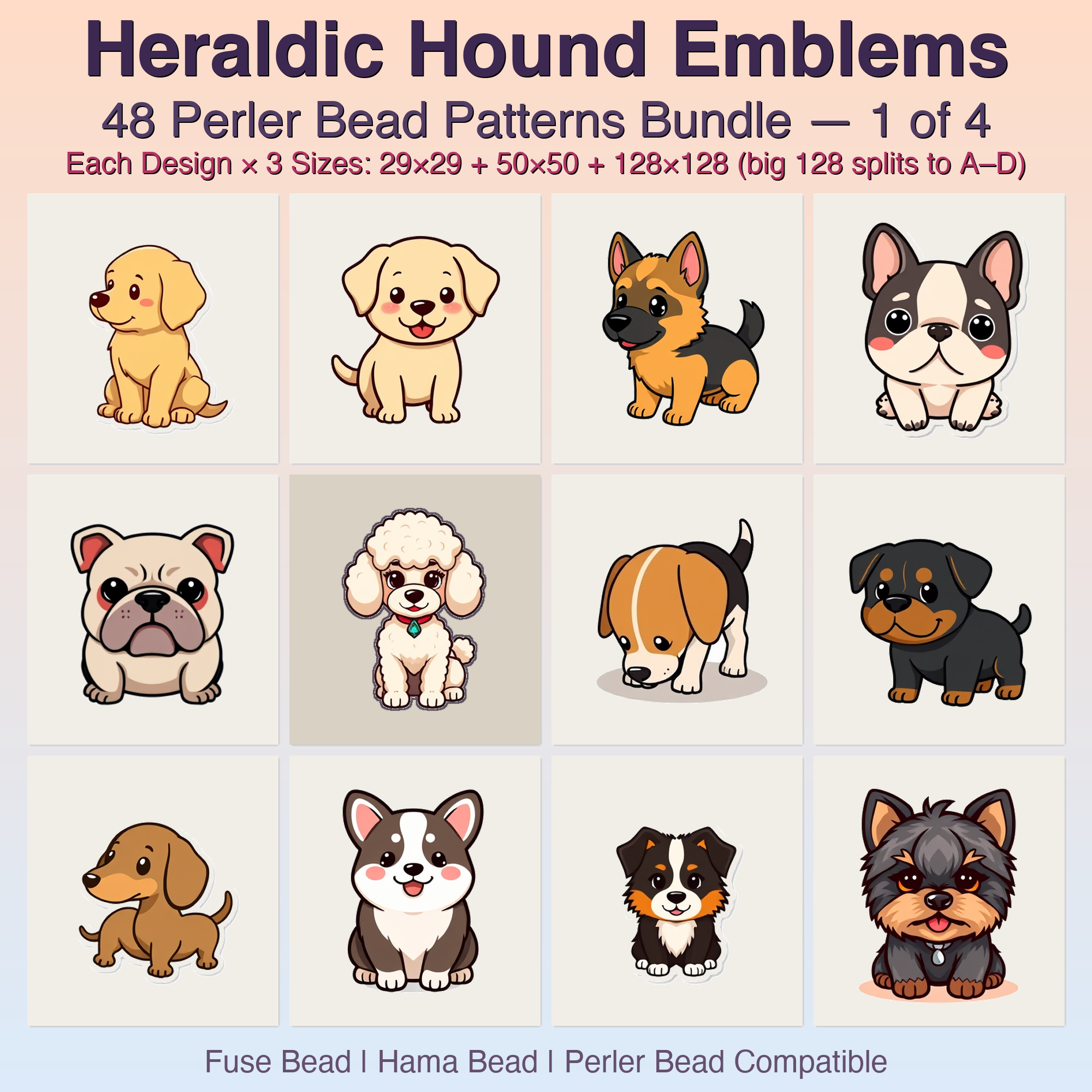 Heraldic Hound Emblems Perler Bead Patterns, 48 Designs x 3 Grid Sizes (29x29 + 50x50 + 128x128), Fuse Bead PDF Digital Download