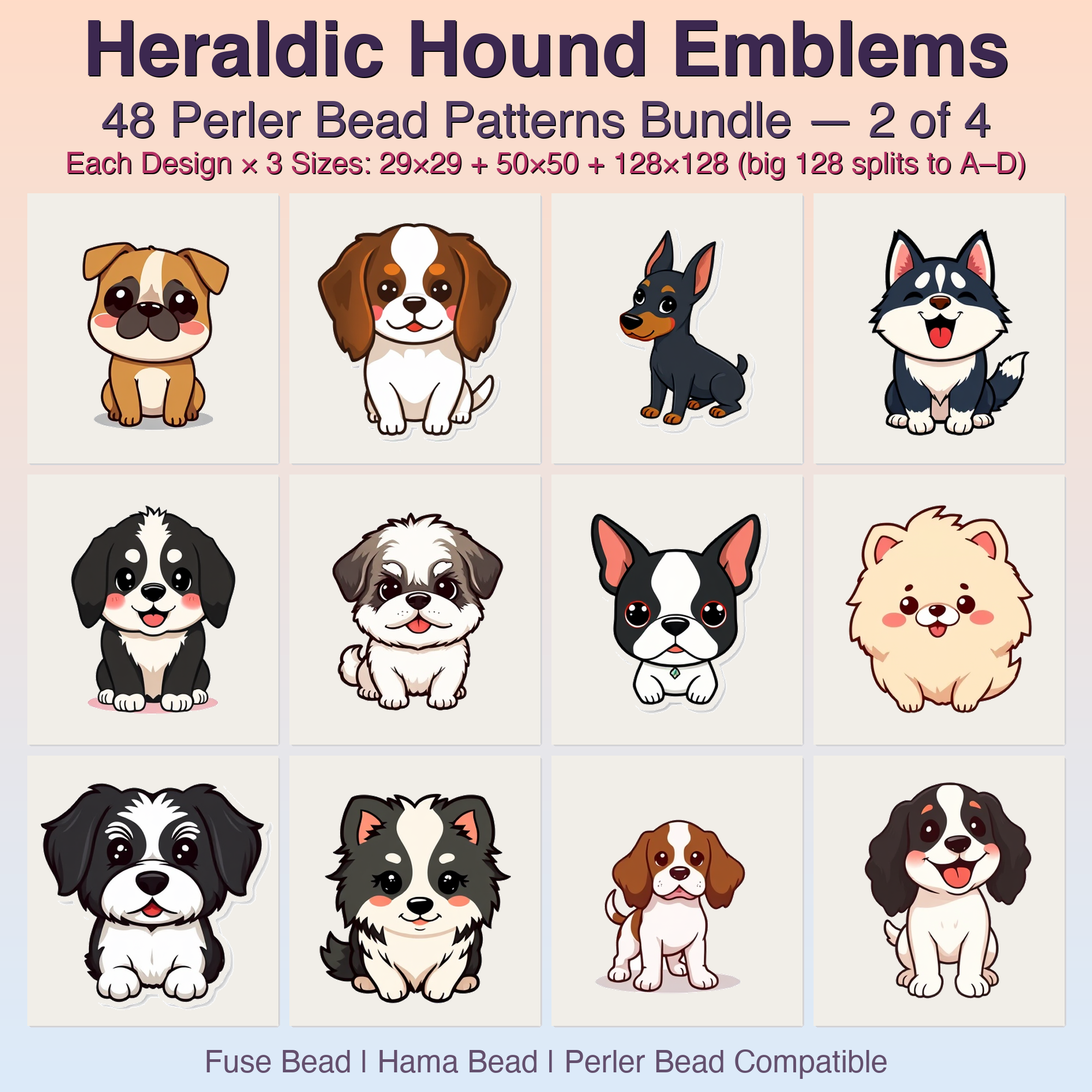 Heraldic Hound Emblems Perler Bead Patterns, 48 Designs x 3 Grid Sizes (29x29 + 50x50 + 128x128), Fuse Bead PDF Digital Download