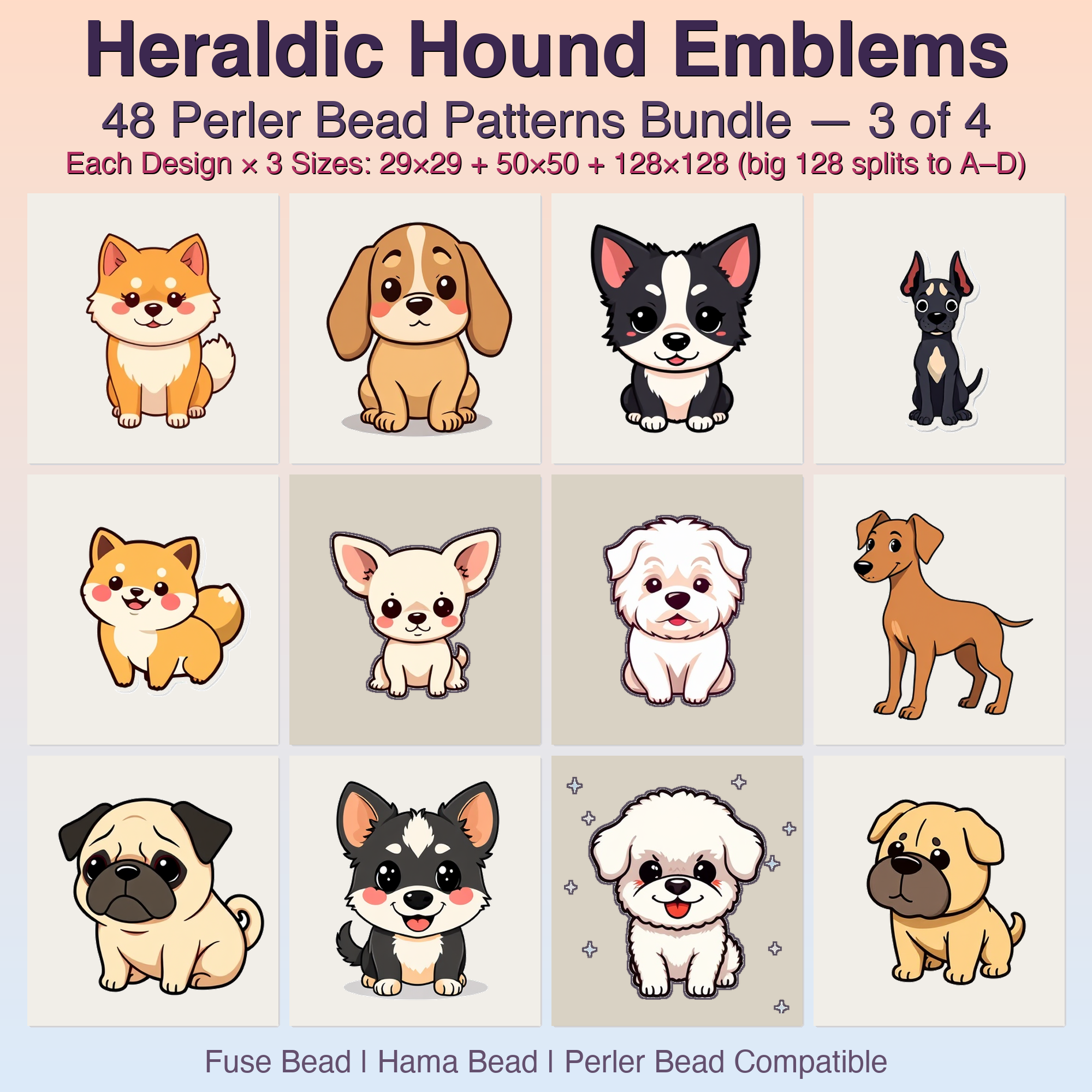 Heraldic Hound Emblems Perler Bead Patterns, 48 Designs x 3 Grid Sizes (29x29 + 50x50 + 128x128), Fuse Bead PDF Digital Download