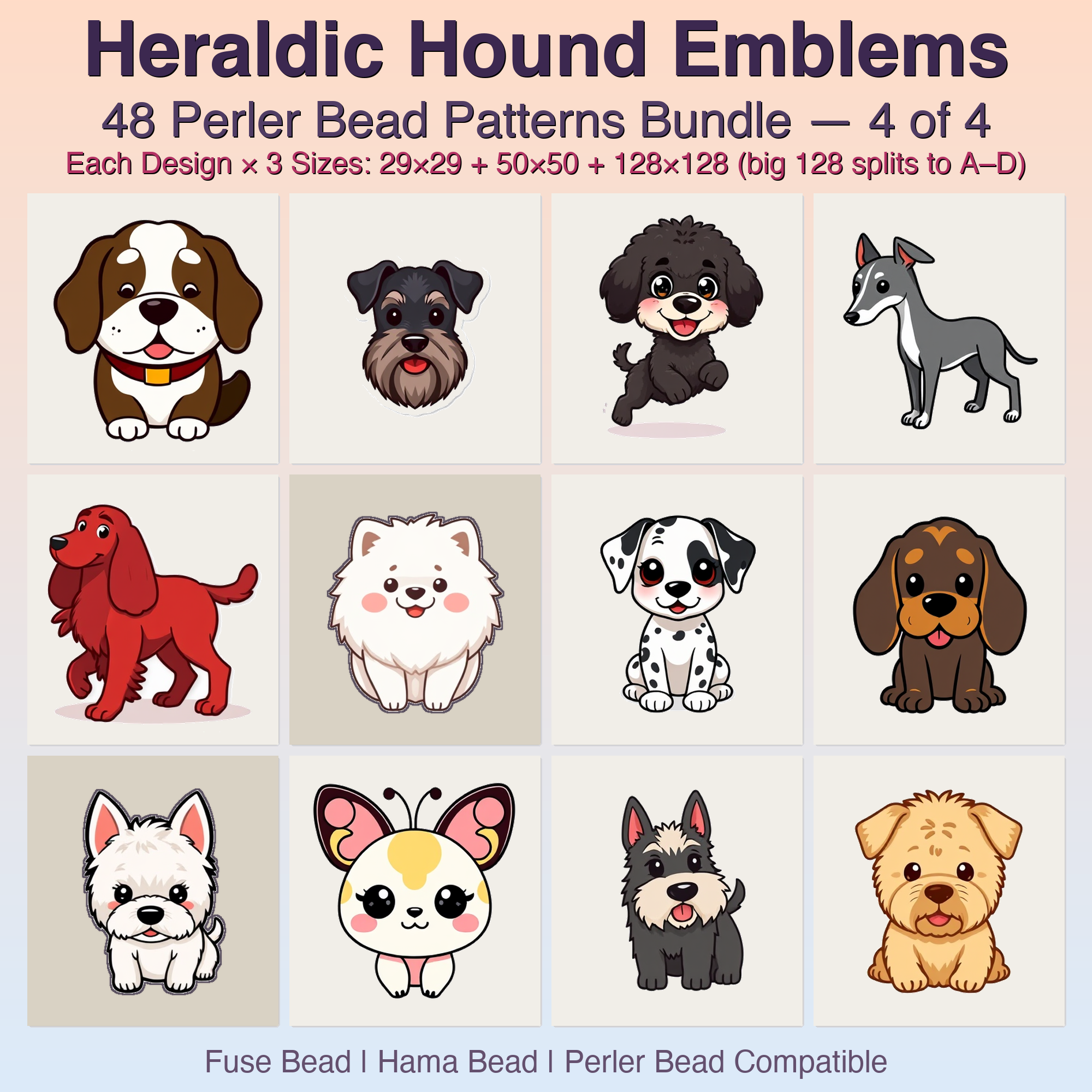 Heraldic Hound Emblems Perler Bead Patterns, 48 Designs x 3 Grid Sizes (29x29 + 50x50 + 128x128), Fuse Bead PDF Digital Download