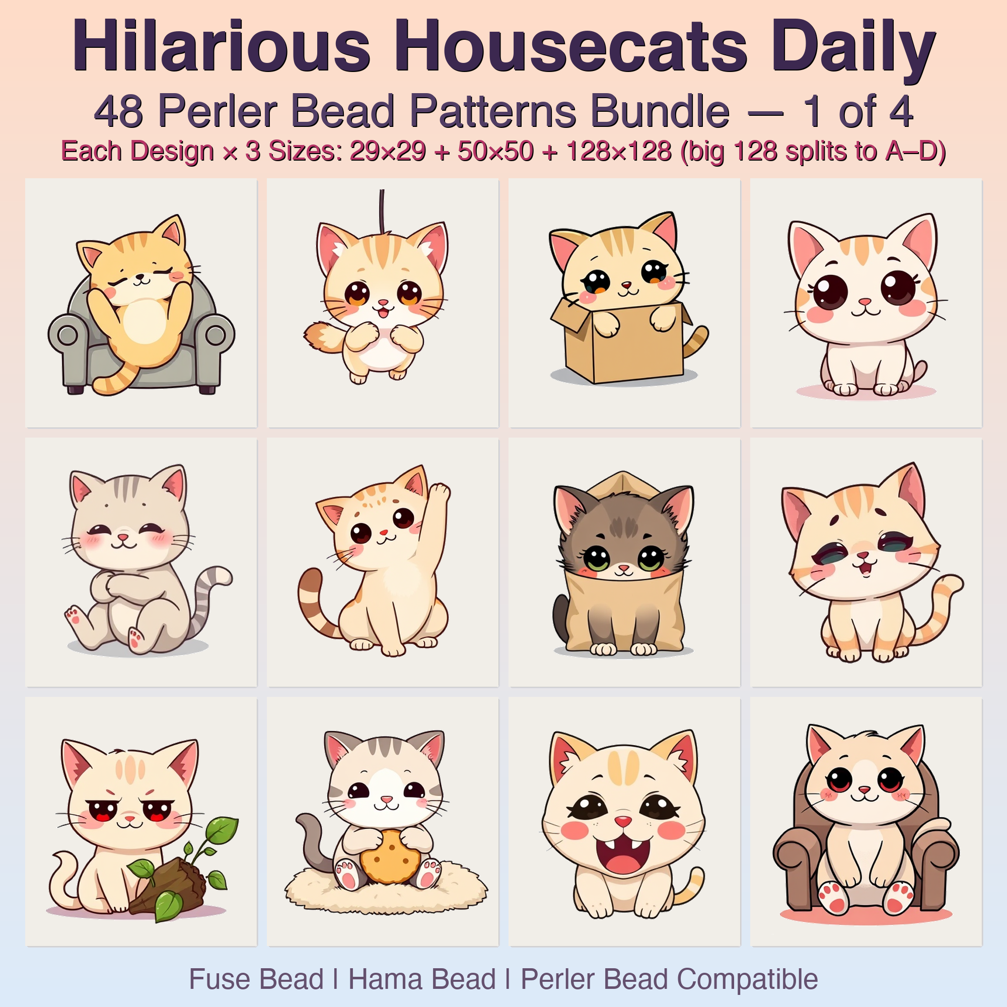Hilarious Housecats Daily Perler Bead Patterns, 48 Designs x 3 Grid Sizes (29x29 + 50x50 + 128x128), Fuse Bead PDF Digital Download