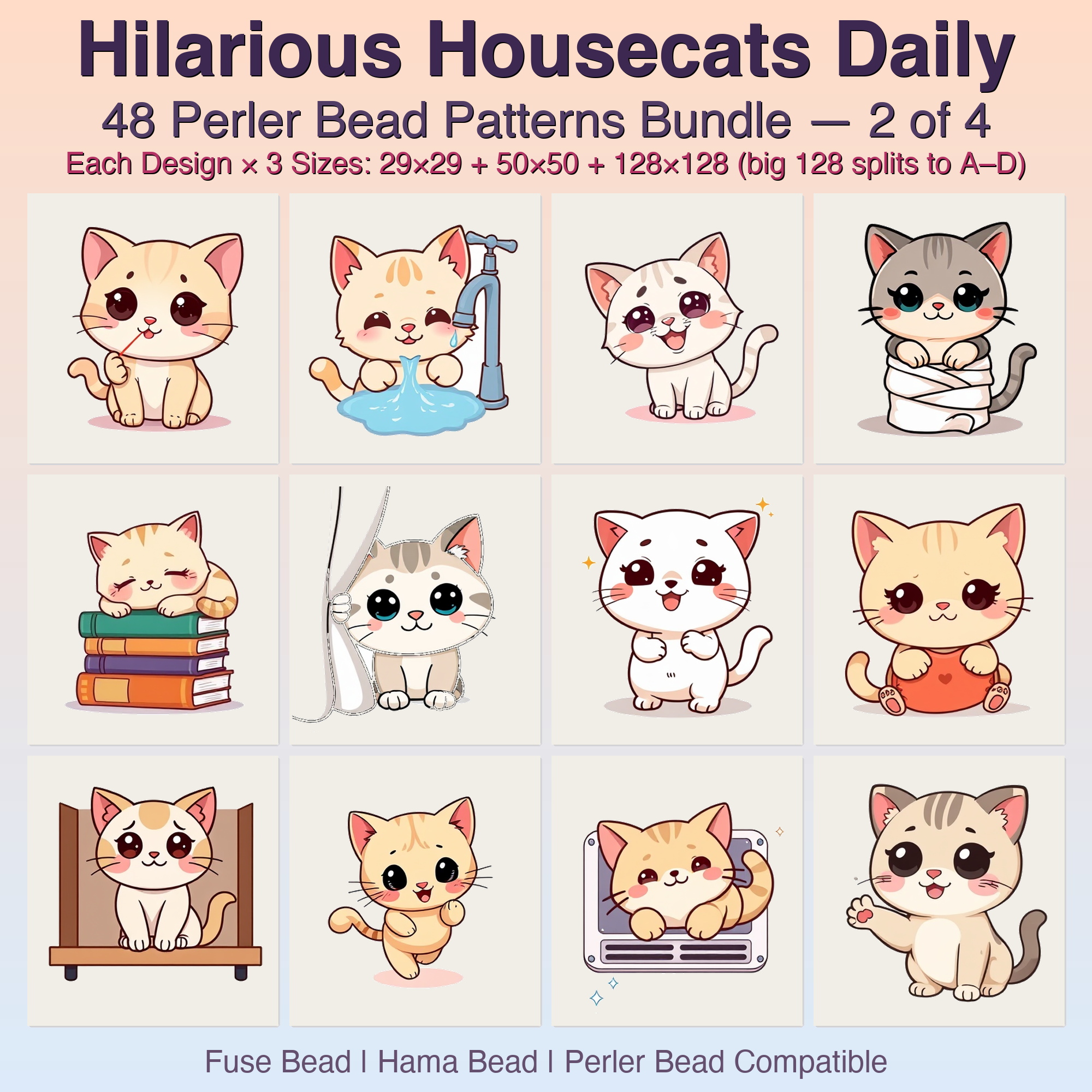 Hilarious Housecats Daily Perler Bead Patterns, 48 Designs x 3 Grid Sizes (29x29 + 50x50 + 128x128), Fuse Bead PDF Digital Download