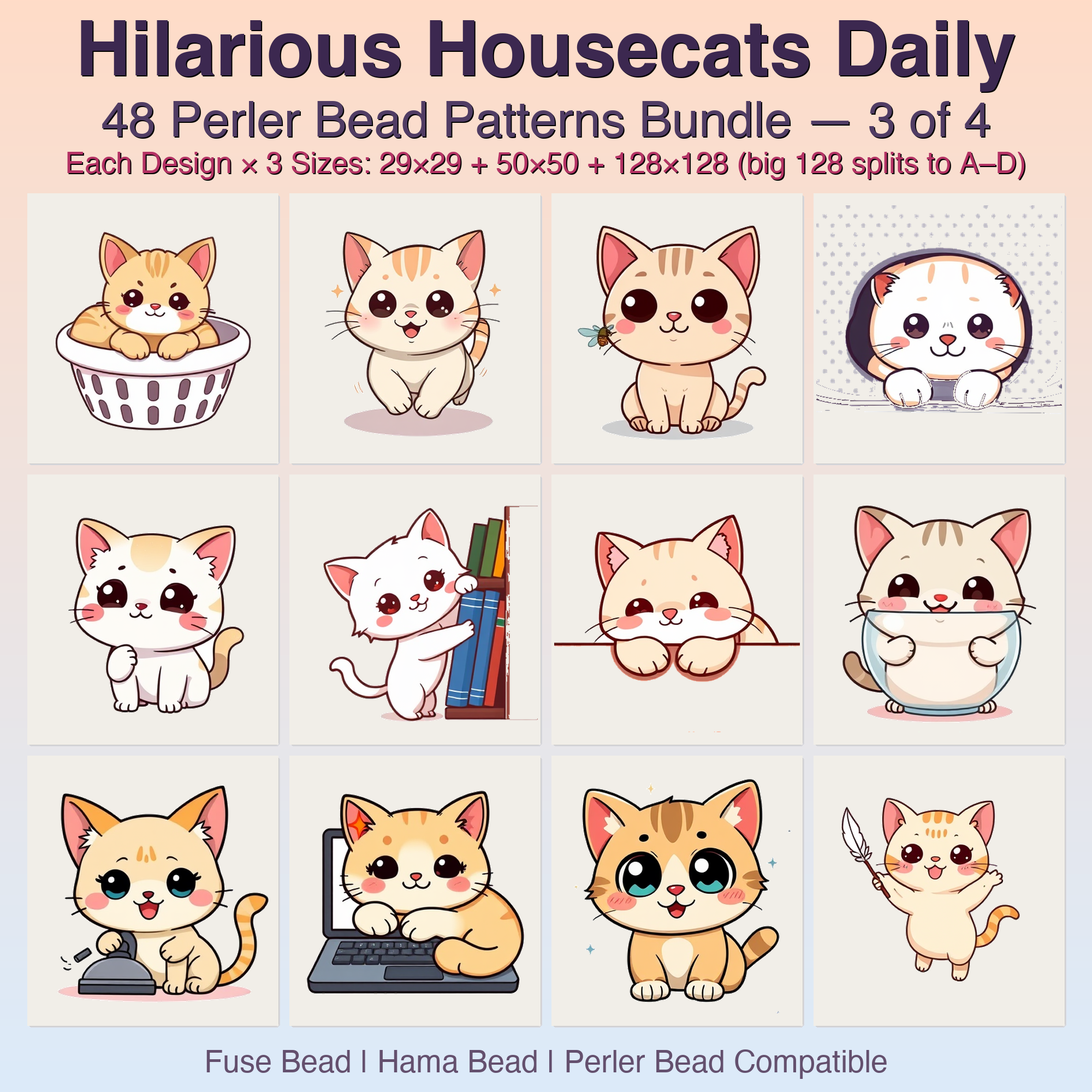 Hilarious Housecats Daily Perler Bead Patterns, 48 Designs x 3 Grid Sizes (29x29 + 50x50 + 128x128), Fuse Bead PDF Digital Download