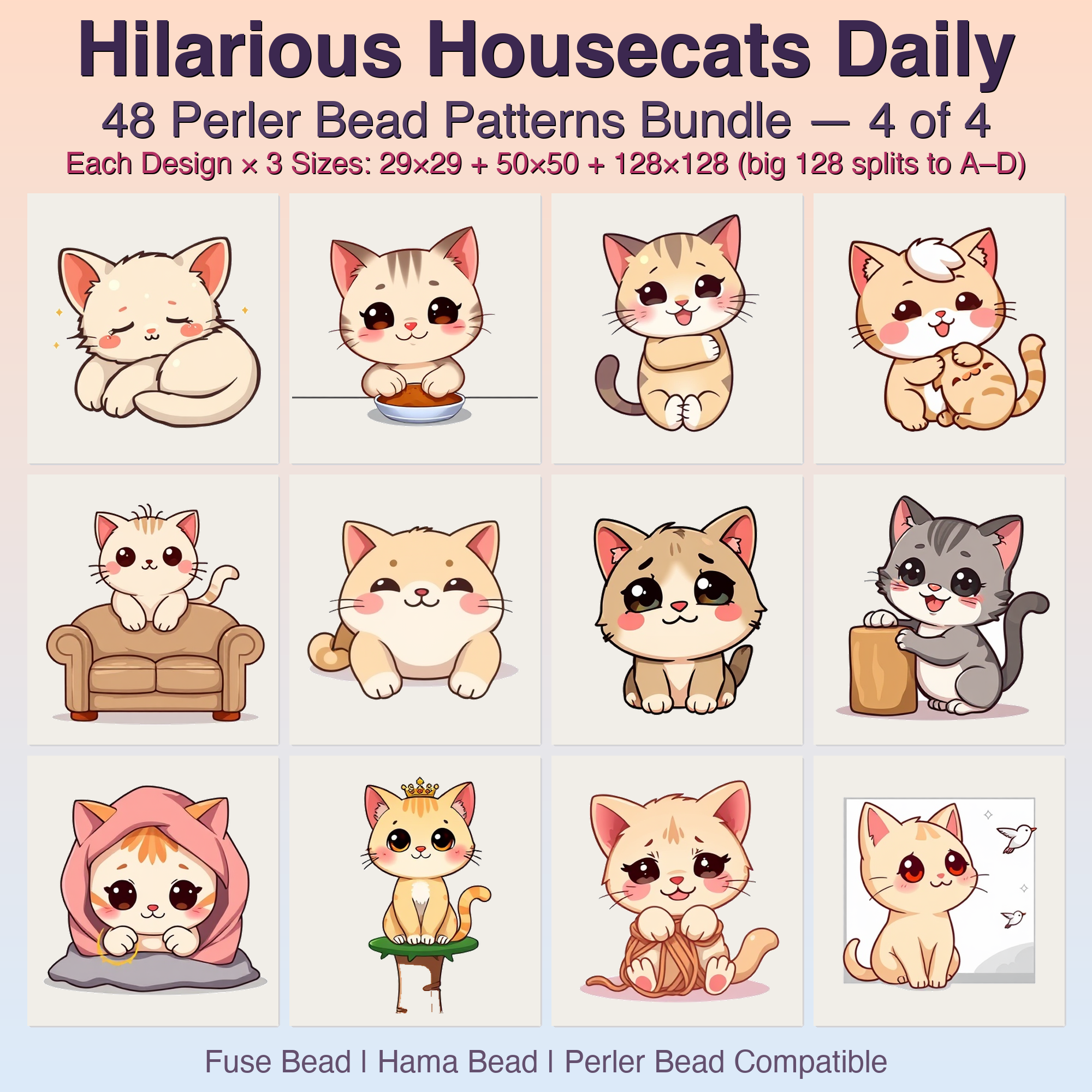 Hilarious Housecats Daily Perler Bead Patterns, 48 Designs x 3 Grid Sizes (29x29 + 50x50 + 128x128), Fuse Bead PDF Digital Download
