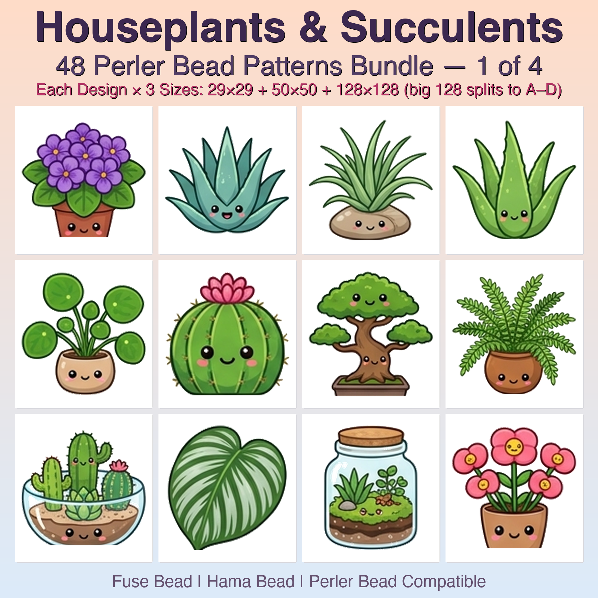 Houseplants & Succulents Perler Bead Patterns, 48 Designs x 3 Grid Sizes (29x29 + 50x50 + 128x128), Fuse Bead PDF Digital Download