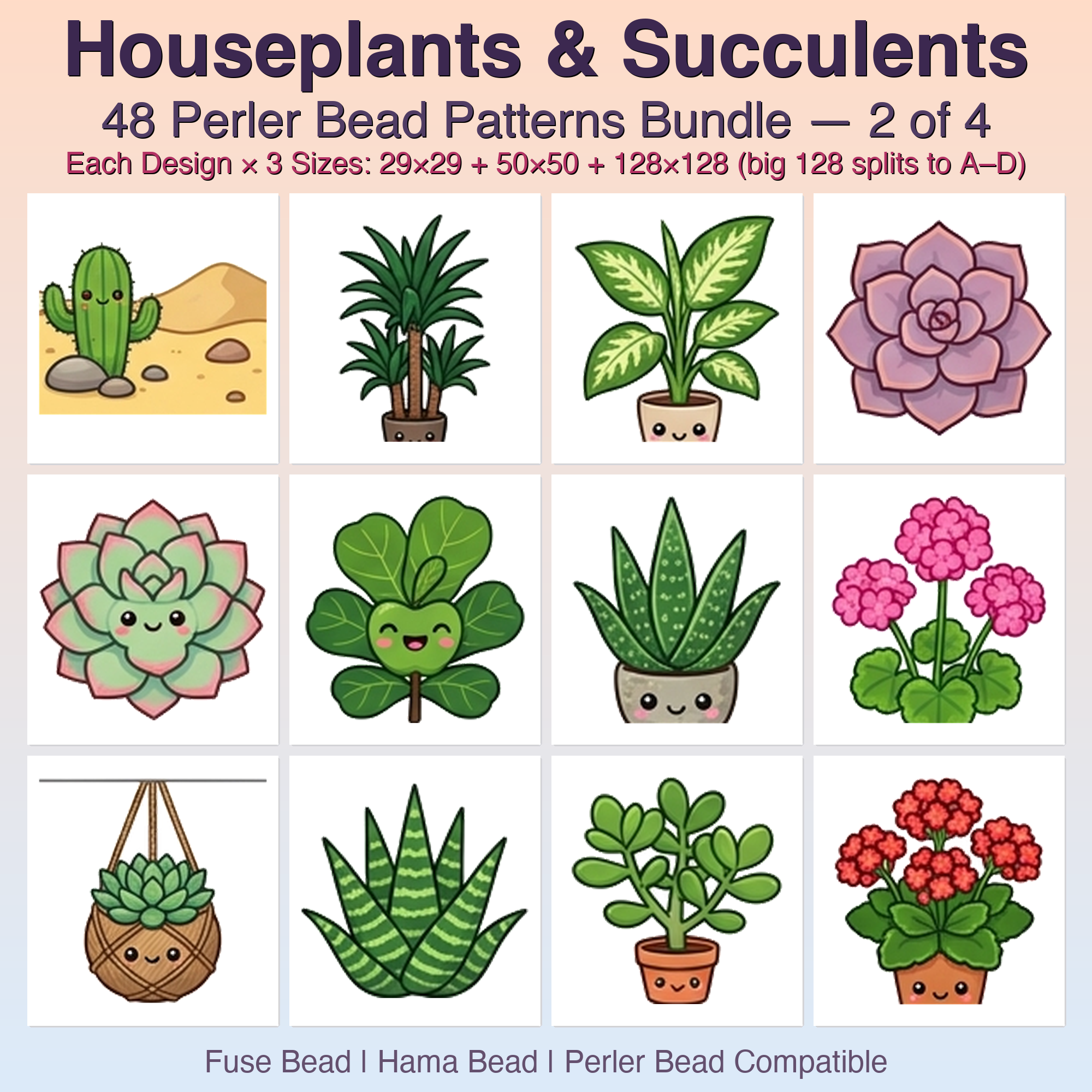 Houseplants & Succulents Perler Bead Patterns, 48 Designs x 3 Grid Sizes (29x29 + 50x50 + 128x128), Fuse Bead PDF Digital Download