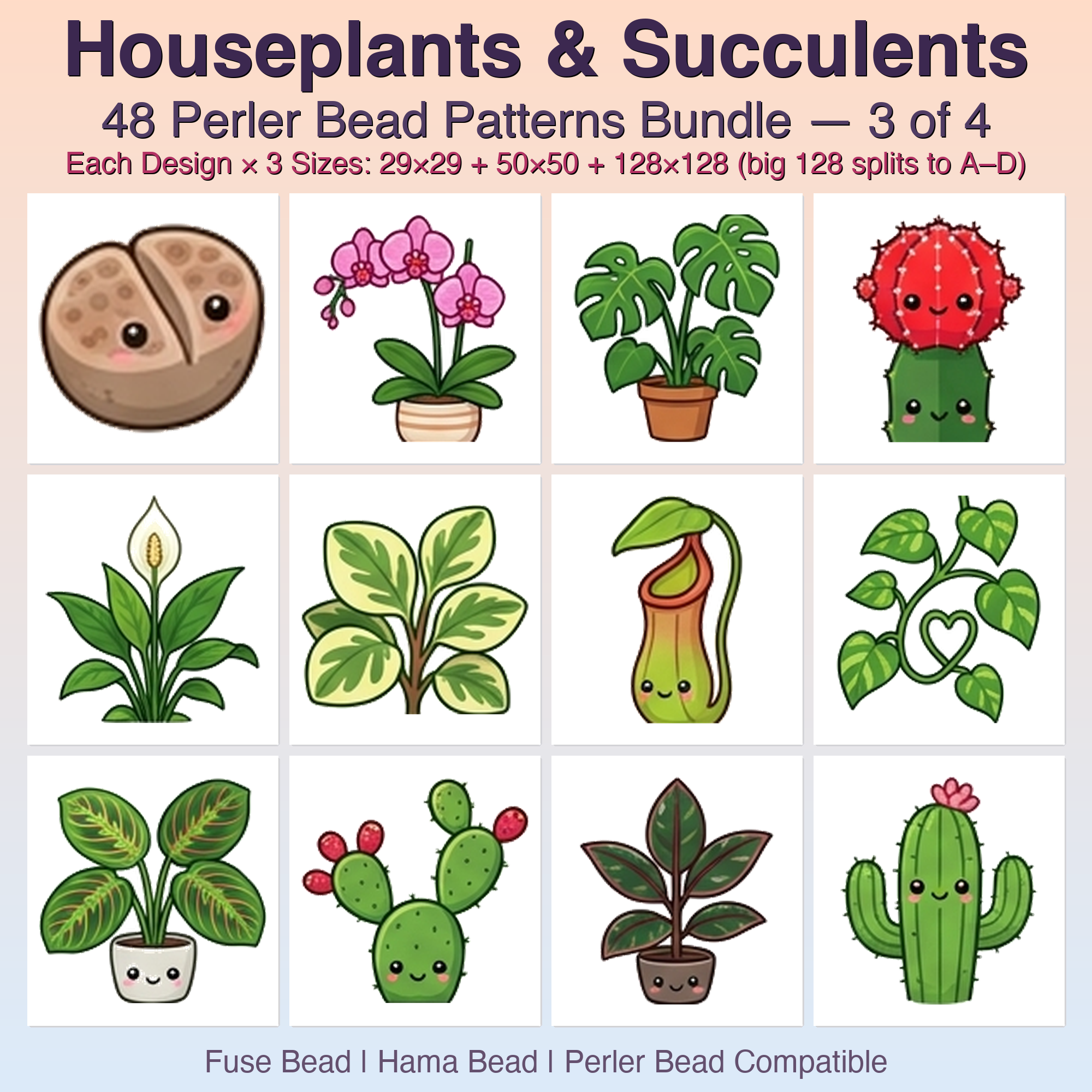 Houseplants & Succulents Perler Bead Patterns, 48 Designs x 3 Grid Sizes (29x29 + 50x50 + 128x128), Fuse Bead PDF Digital Download