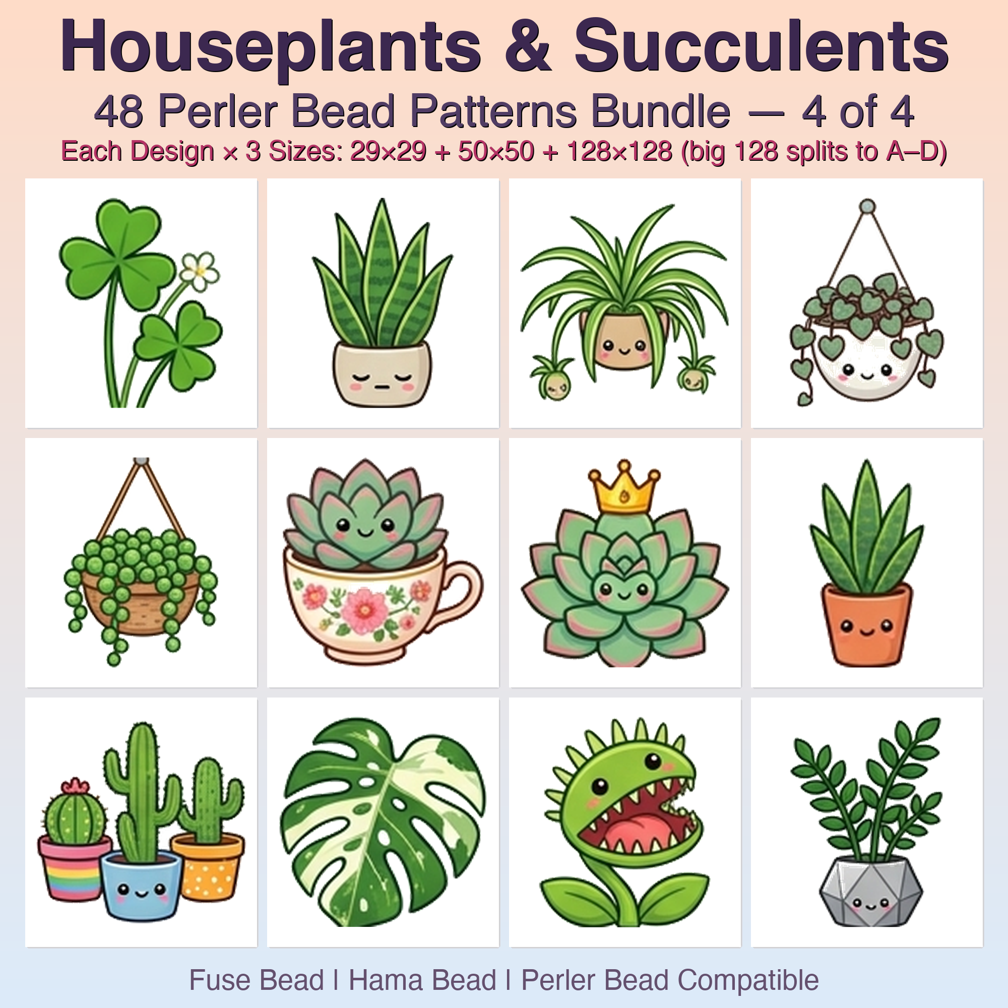 Houseplants & Succulents Perler Bead Patterns, 48 Designs x 3 Grid Sizes (29x29 + 50x50 + 128x128), Fuse Bead PDF Digital Download