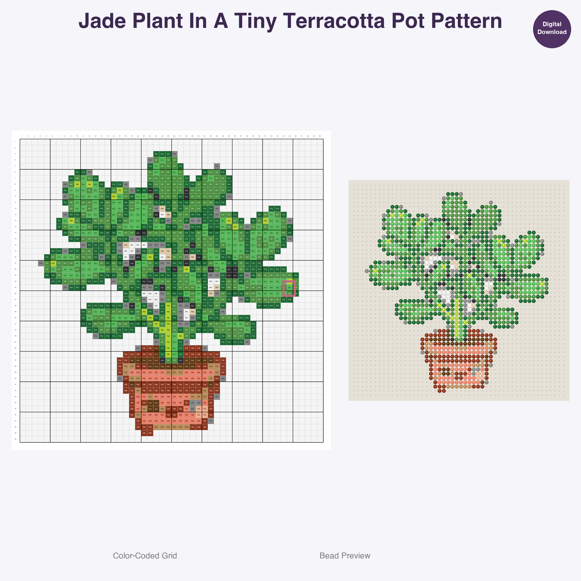 Houseplants & Succulents Perler Bead Patterns, 48 Designs x 3 Grid Sizes (29x29 + 50x50 + 128x128), Fuse Bead PDF Digital Download