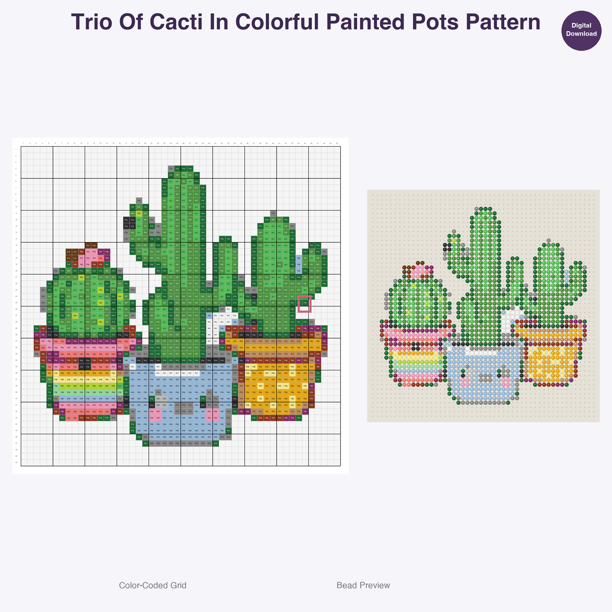 Houseplants & Succulents Perler Bead Patterns, 48 Designs x 3 Grid Sizes (29x29 + 50x50 + 128x128), Fuse Bead PDF Digital Download