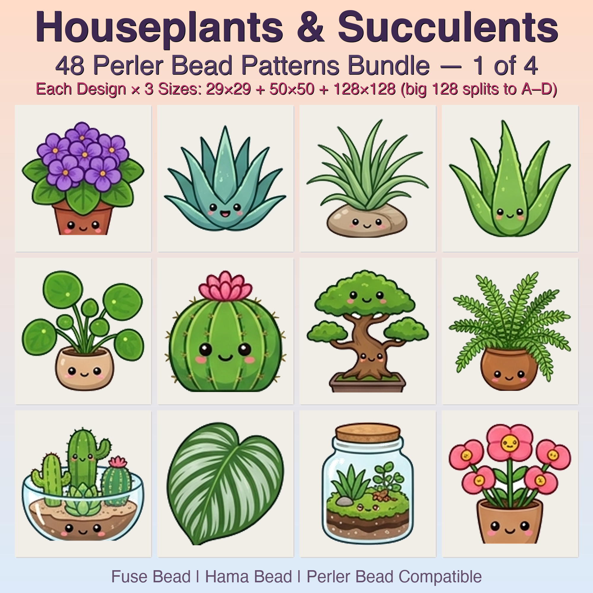 Houseplants & Succulents Perler Bead Patterns, 48 Designs x 3 Grid Sizes (29x29 + 50x50 + 128x128), Fuse Bead PDF Digital Download