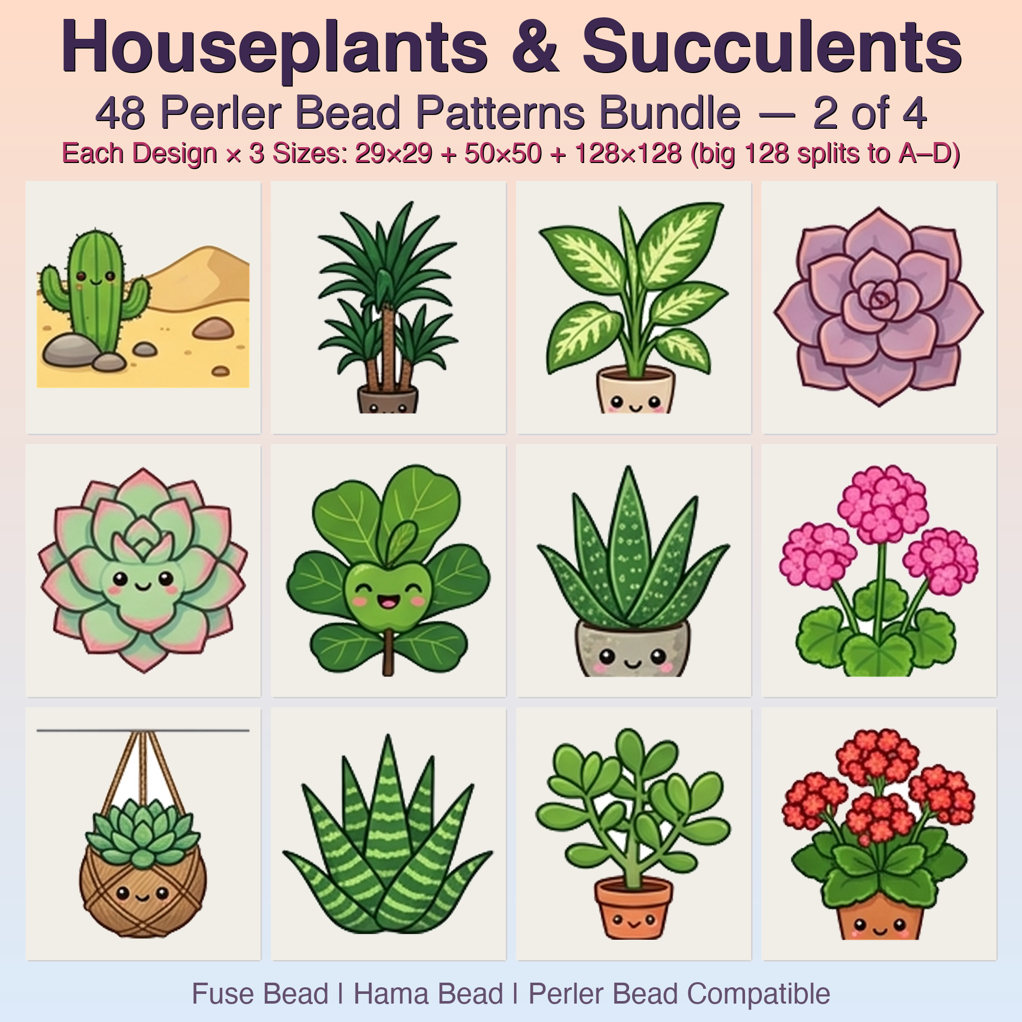 Houseplants & Succulents Perler Bead Patterns, 48 Designs x 3 Grid Sizes (29x29 + 50x50 + 128x128), Fuse Bead PDF Digital Download