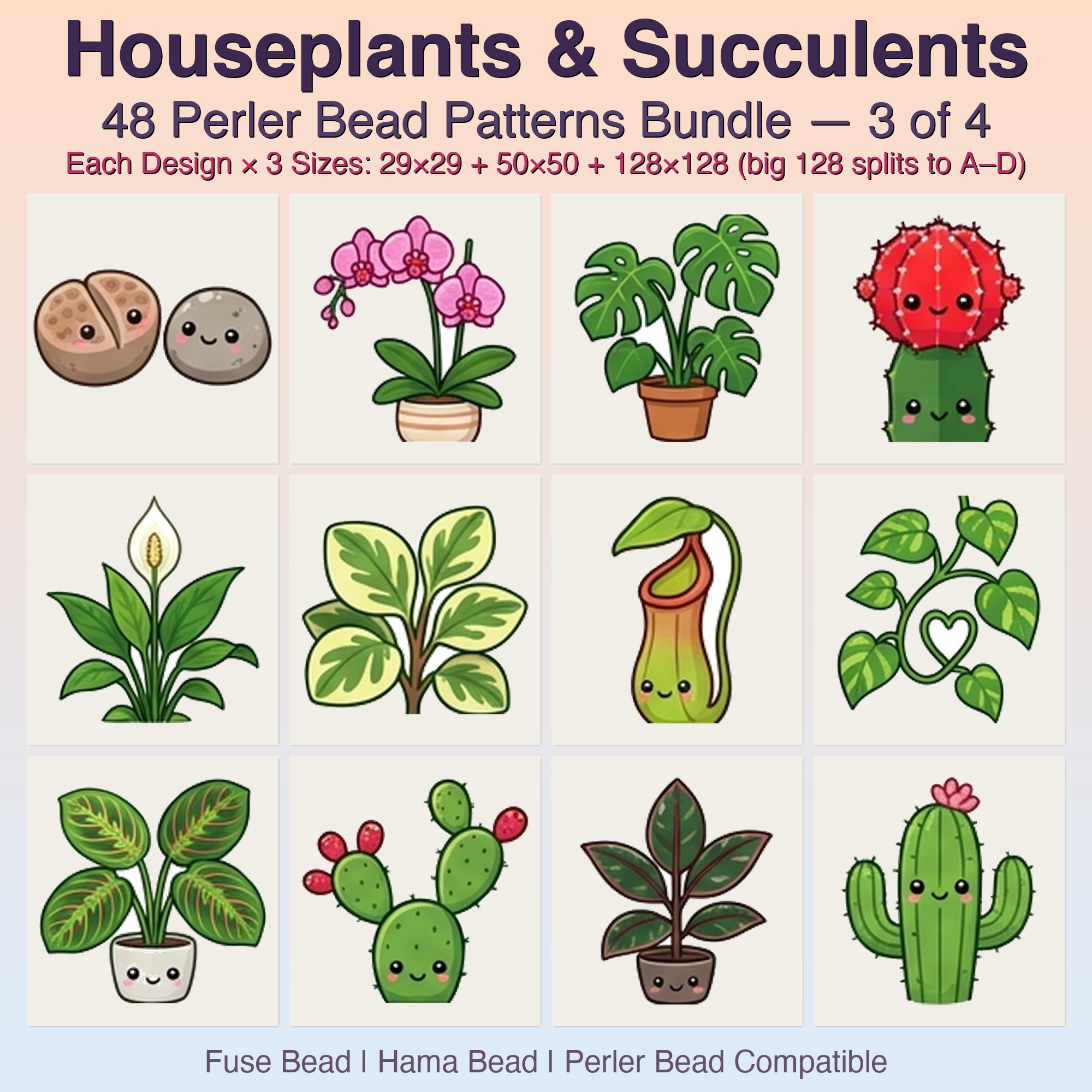 Houseplants & Succulents Perler Bead Patterns, 48 Designs x 3 Grid Sizes (29x29 + 50x50 + 128x128), Fuse Bead PDF Digital Download