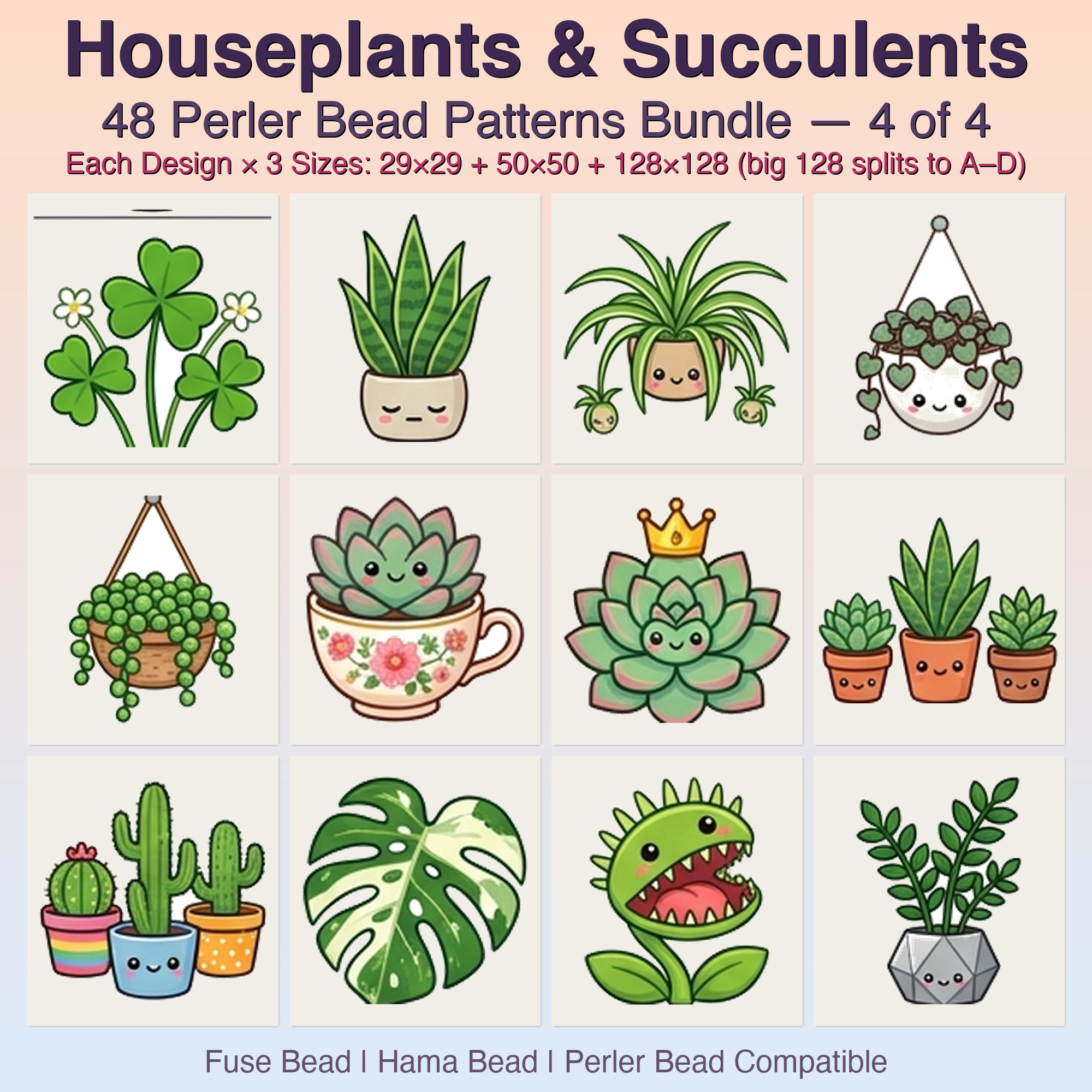 Houseplants & Succulents Perler Bead Patterns, 48 Designs x 3 Grid Sizes (29x29 + 50x50 + 128x128), Fuse Bead PDF Digital Download