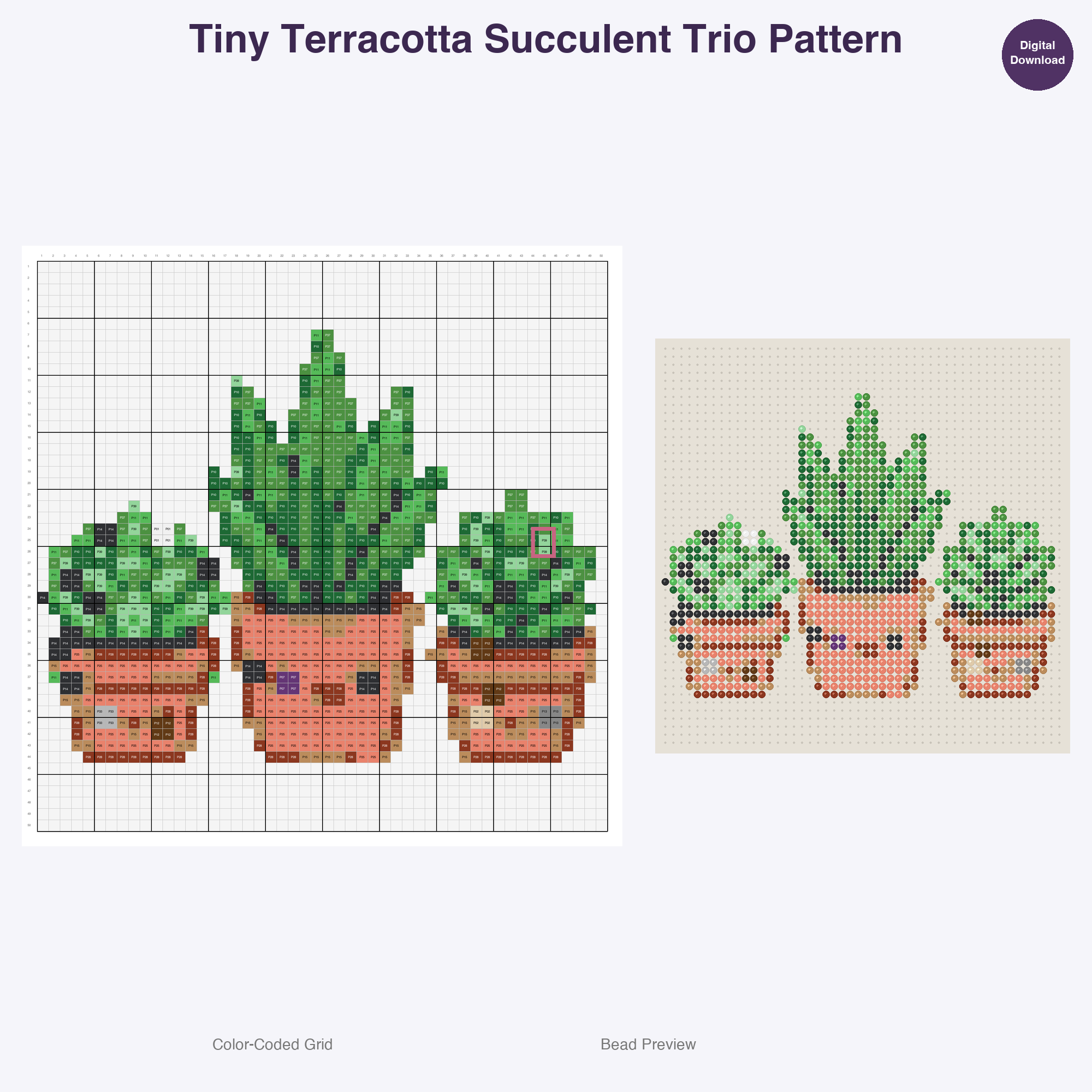 Houseplants & Succulents Perler Bead Patterns, 48 Designs x 3 Grid Sizes (29x29 + 50x50 + 128x128), Fuse Bead PDF Digital Download