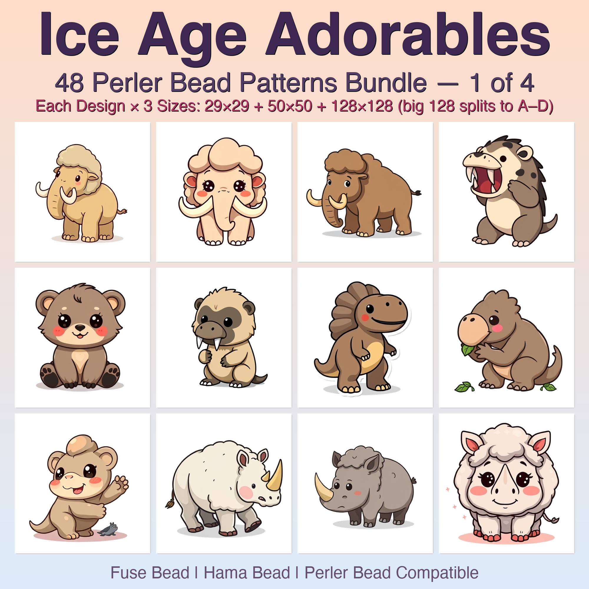 Ice Age Adorables Perler Bead Patterns Bundle, 48 Designs (PDF Digital Download)