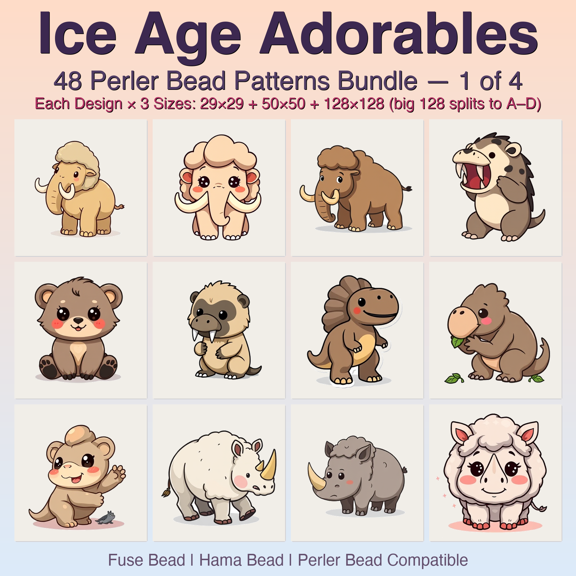 Ice Age Adorables Perler Bead Patterns Bundle, 48 Designs (PDF Digital Download)