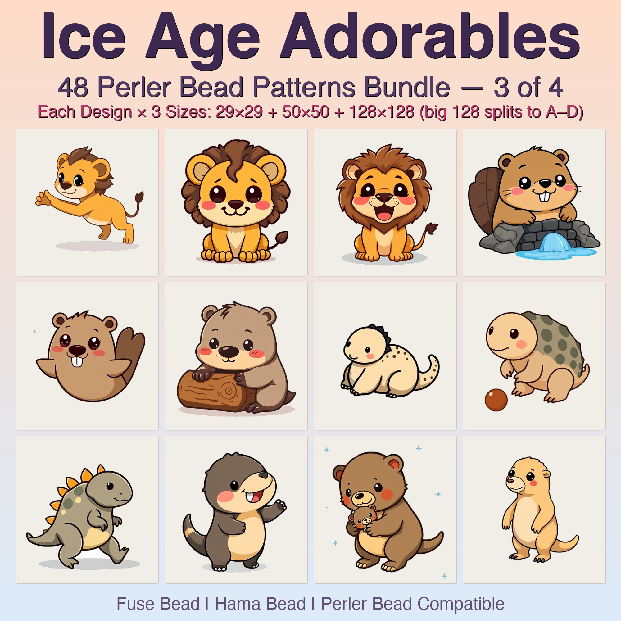 Ice Age Adorables Perler Bead Patterns Bundle, 48 Designs (PDF Digital Download)