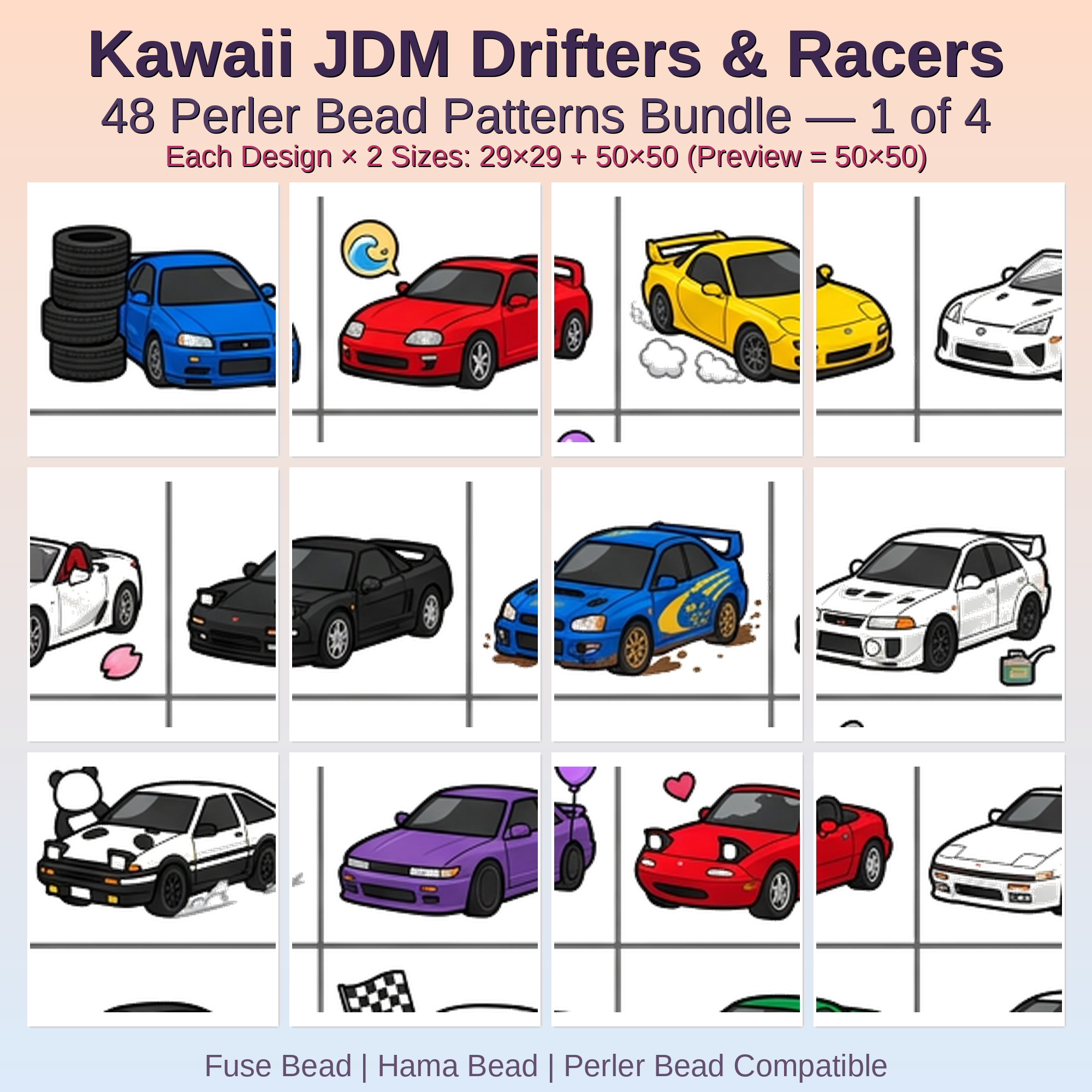 Kawaii JDM Drifters & Racers Perler Bead Patterns Bundle, 48 Designs (PDF Digital Download)