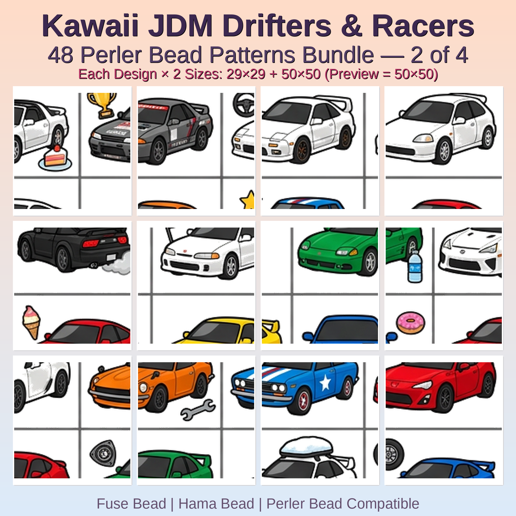 Kawaii JDM Drifters & Racers Perler Bead Patterns Bundle, 48 Designs (PDF Digital Download)