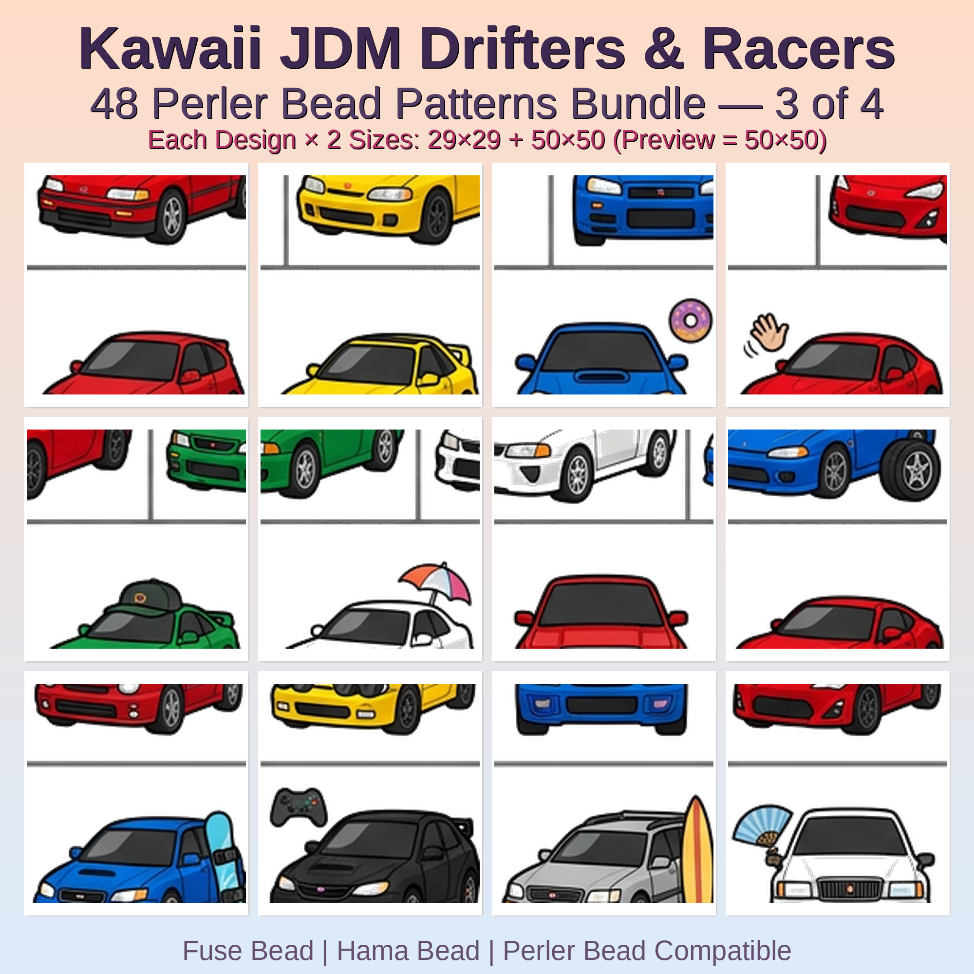 Kawaii JDM Drifters & Racers Perler Bead Patterns Bundle, 48 Designs (PDF Digital Download)