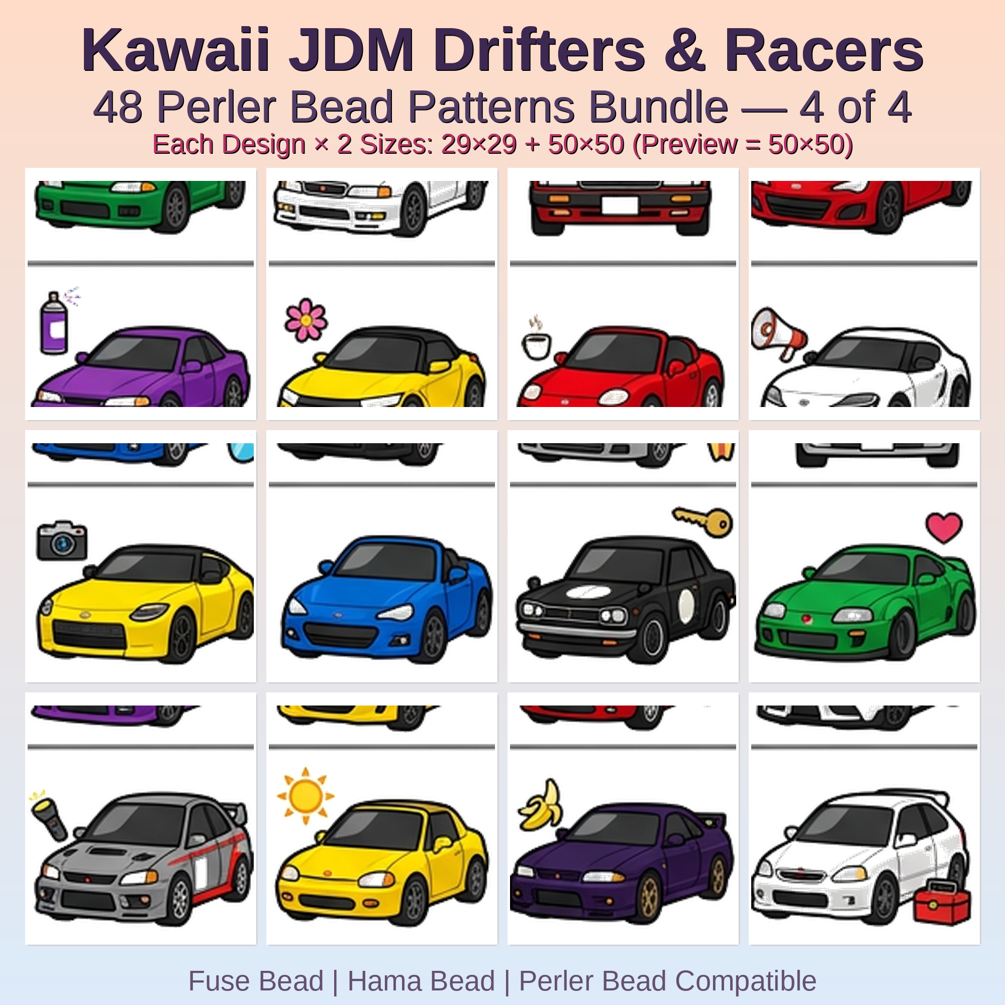 Kawaii JDM Drifters & Racers Perler Bead Patterns Bundle, 48 Designs (PDF Digital Download)
