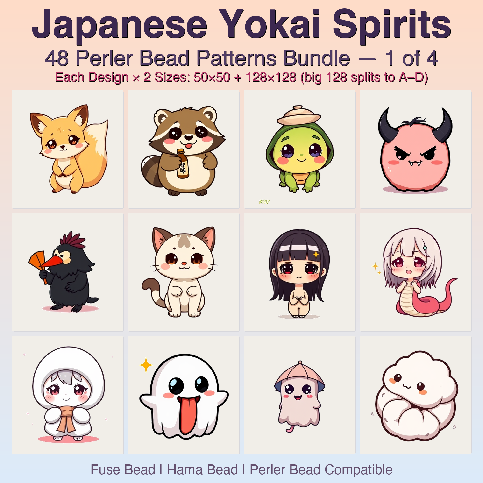 Japanese Yokai Spirits Perler Bead Patterns, 48 Designs x 2 Grid Sizes (50x50 + 128x128), Fuse Bead PDF Digital Download