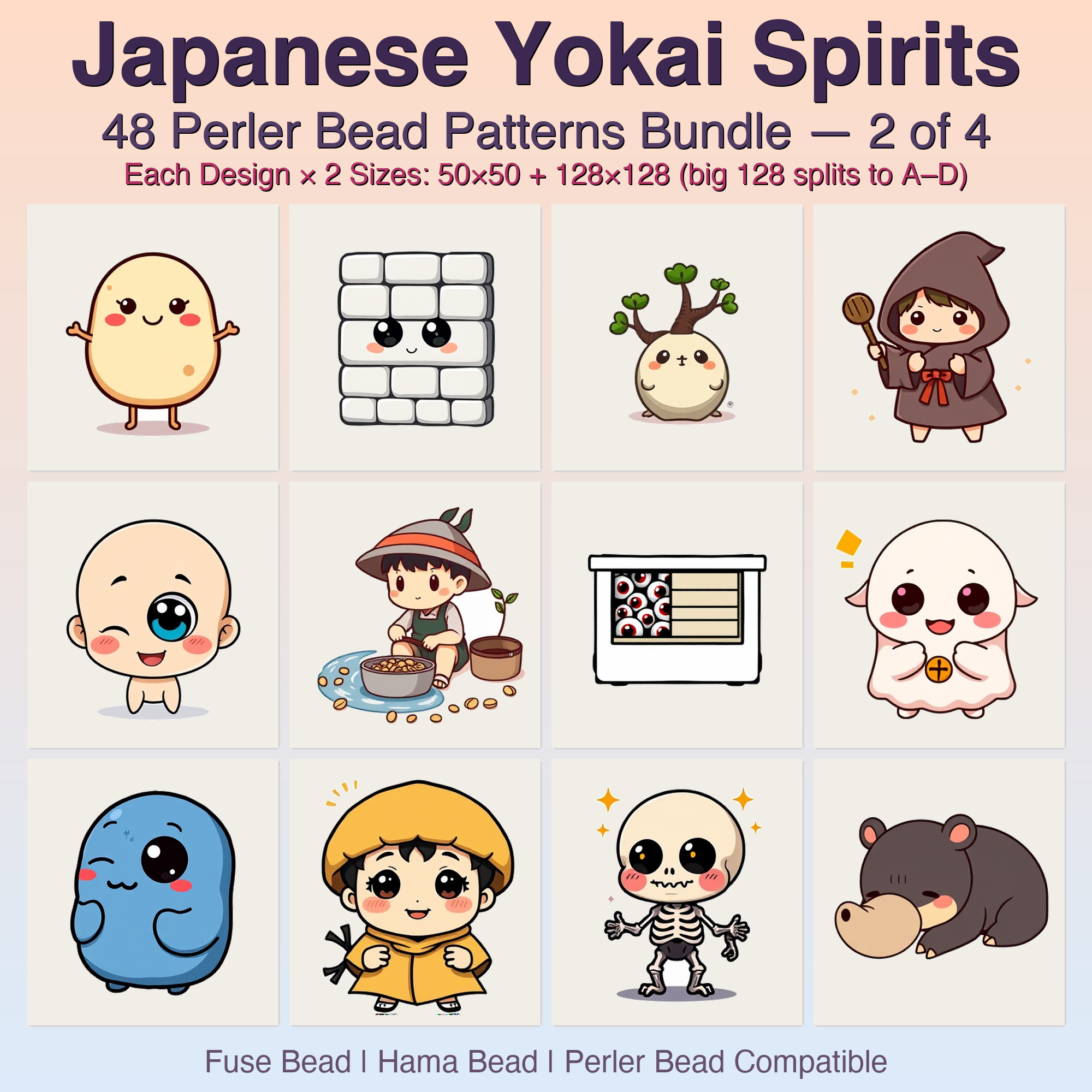 Japanese Yokai Spirits Perler Bead Patterns, 48 Designs x 2 Grid Sizes (50x50 + 128x128), Fuse Bead PDF Digital Download
