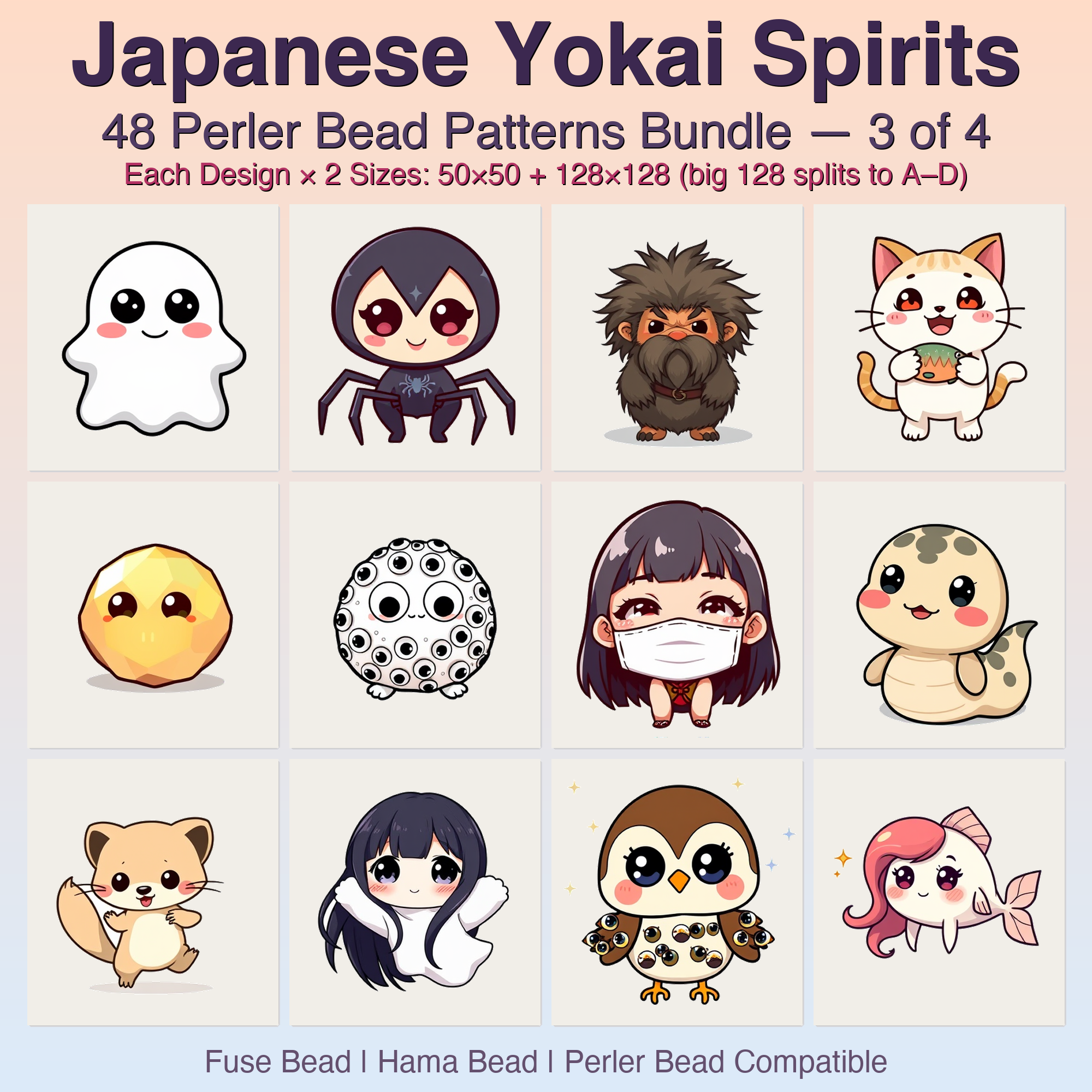Japanese Yokai Spirits Perler Bead Patterns, 48 Designs x 2 Grid Sizes (50x50 + 128x128), Fuse Bead PDF Digital Download