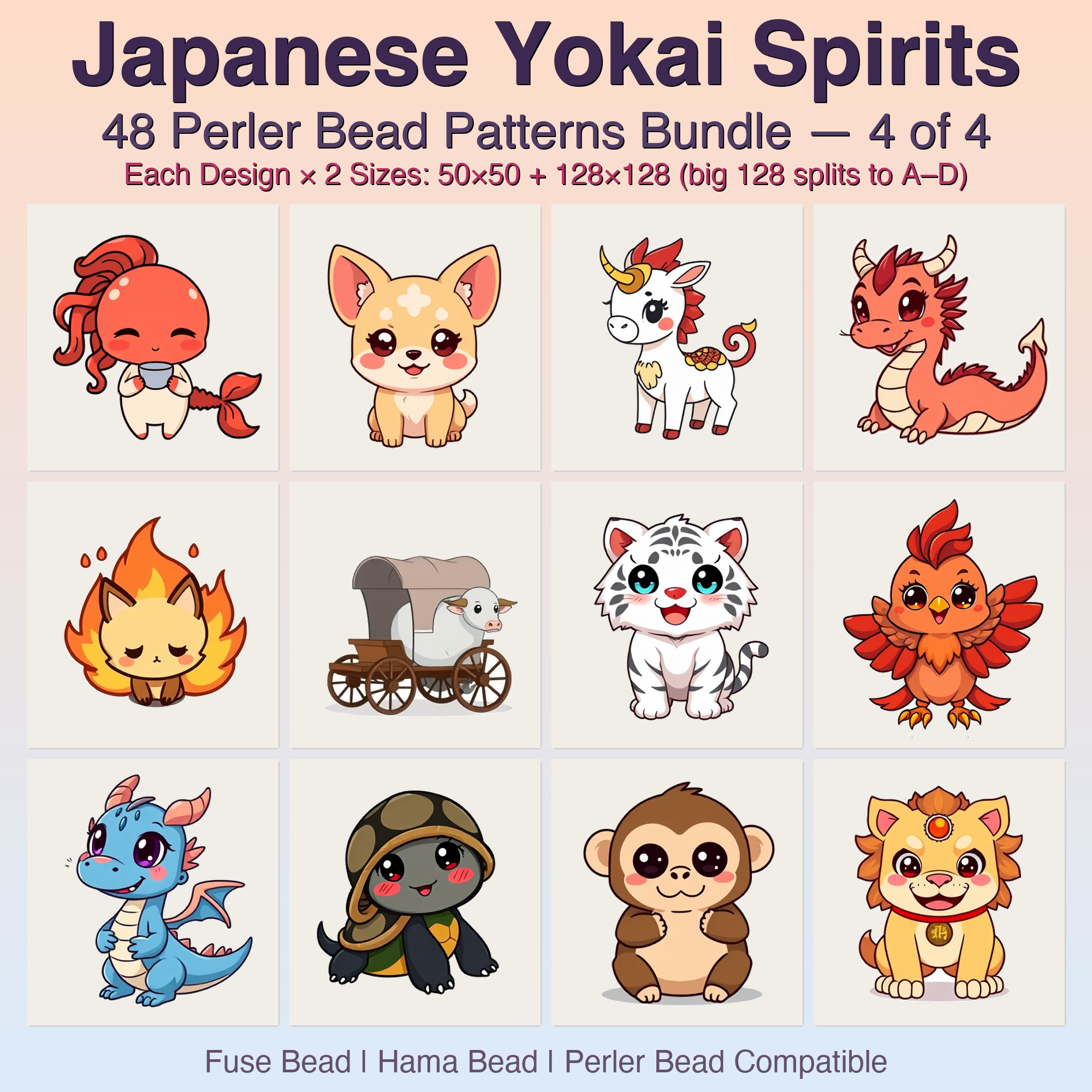 Japanese Yokai Spirits Perler Bead Patterns, 48 Designs x 2 Grid Sizes (50x50 + 128x128), Fuse Bead PDF Digital Download