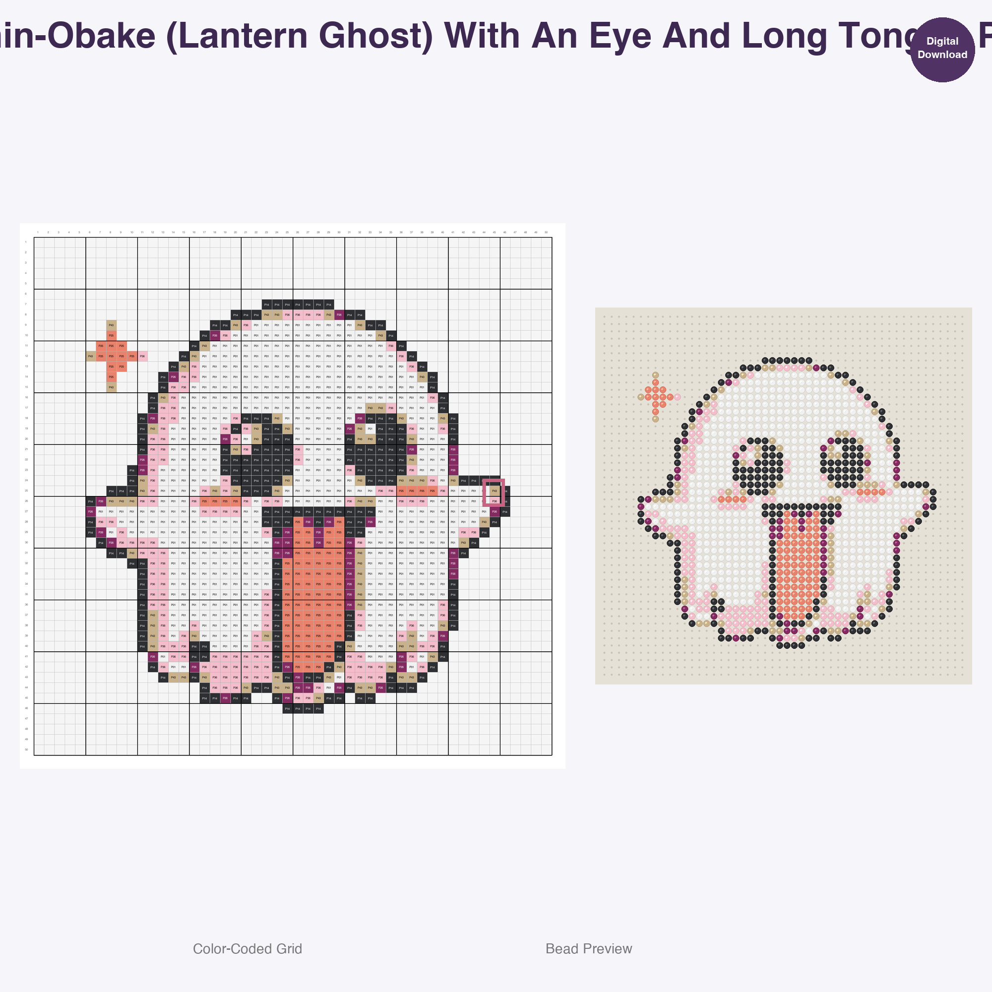 Japanese Yokai Spirits Perler Bead Patterns, 48 Designs x 2 Grid Sizes (50x50 + 128x128), Fuse Bead PDF Digital Download