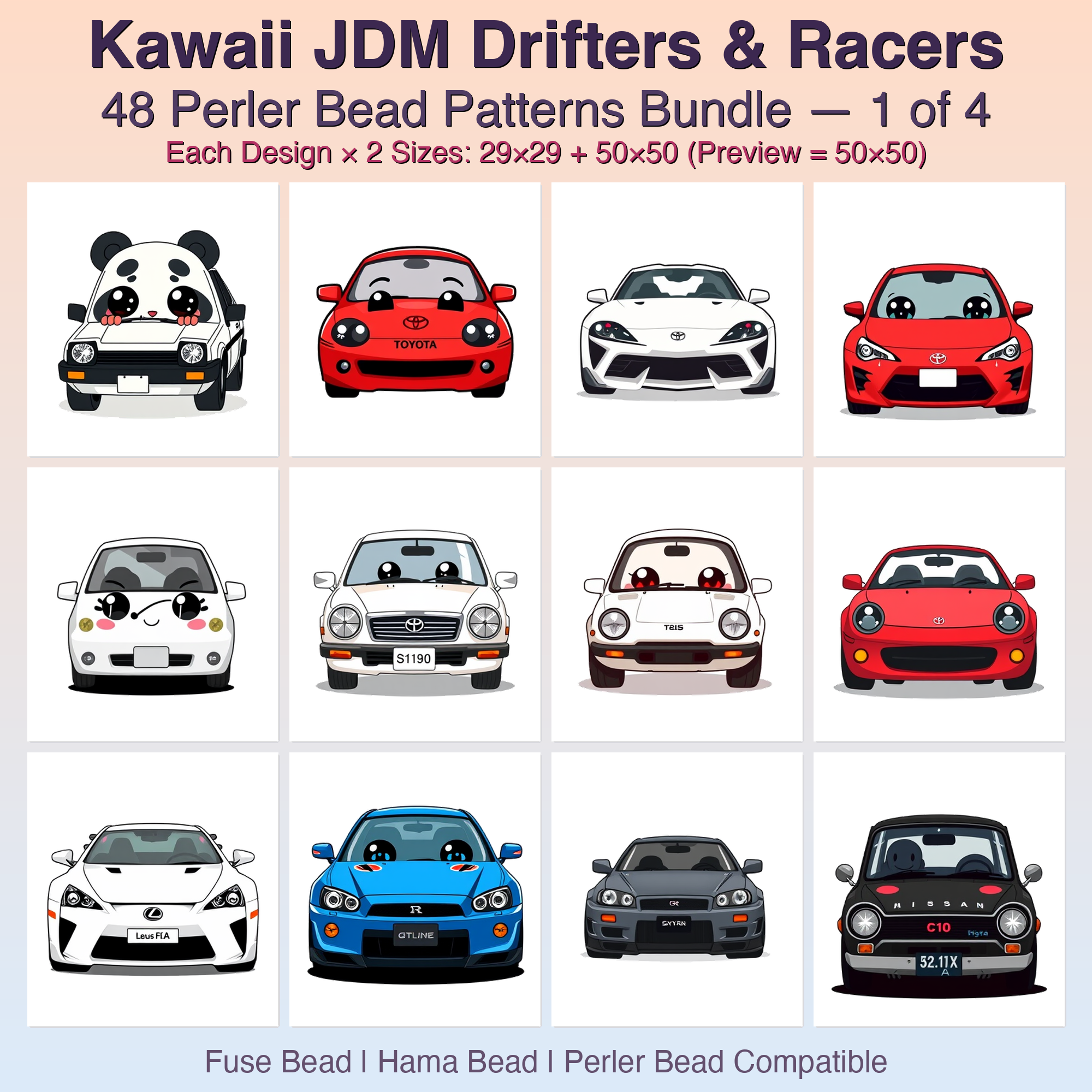 Kawaii JDM Drifters & Racers Perler Bead Patterns Bundle, 48 Designs (PDF Digital Download)