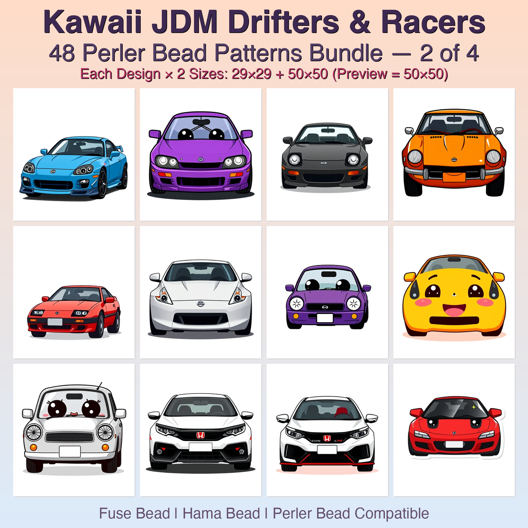 Kawaii JDM Drifters & Racers Perler Bead Patterns Bundle, 48 Designs (PDF Digital Download)