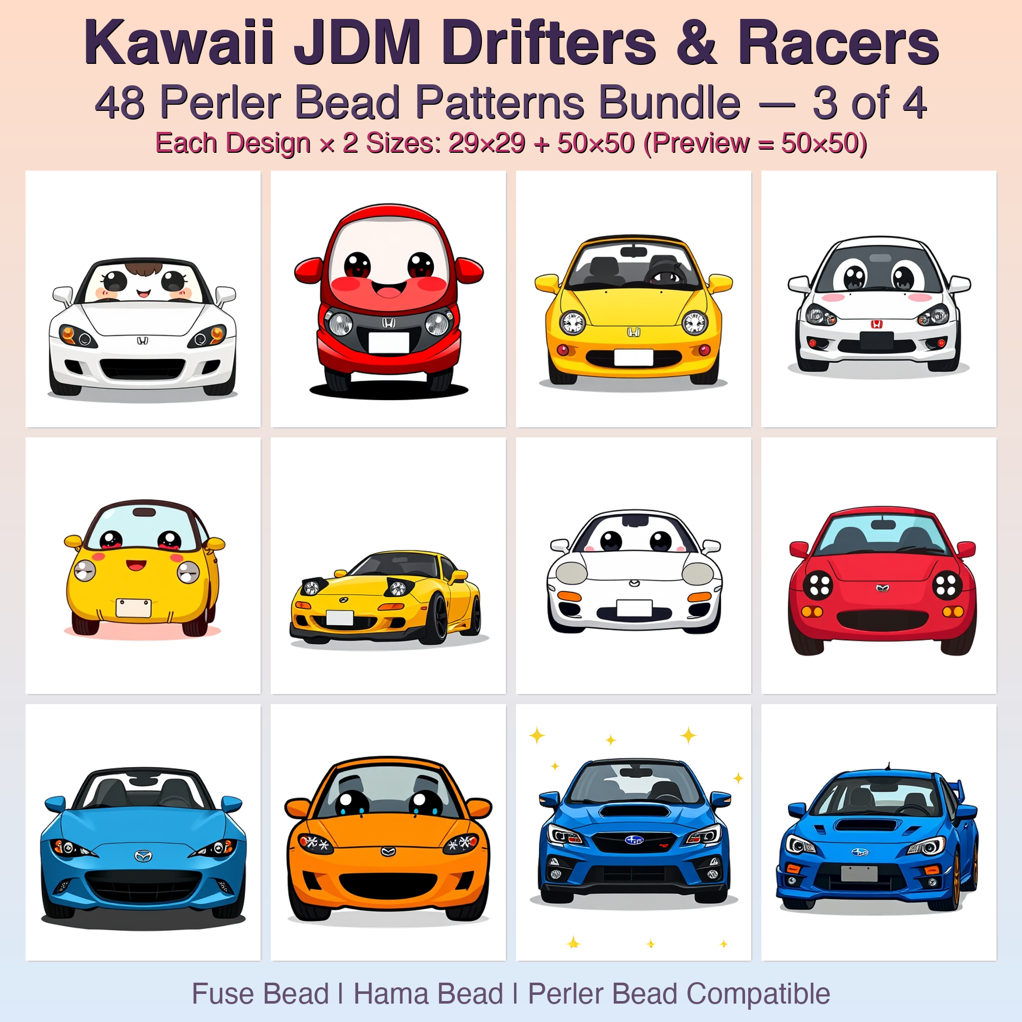 Kawaii JDM Drifters & Racers Perler Bead Patterns Bundle, 48 Designs (PDF Digital Download)